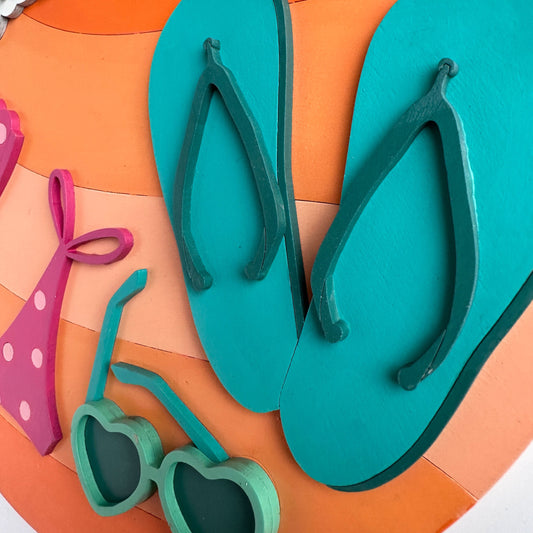 Teal flip-flops and sunglasses on an orange background with 'Happy' text.