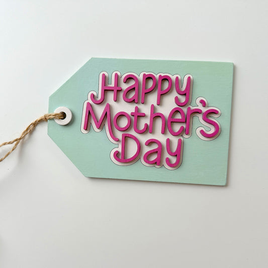 Mint green tag with 'Happy Mother's Day' text on a white background