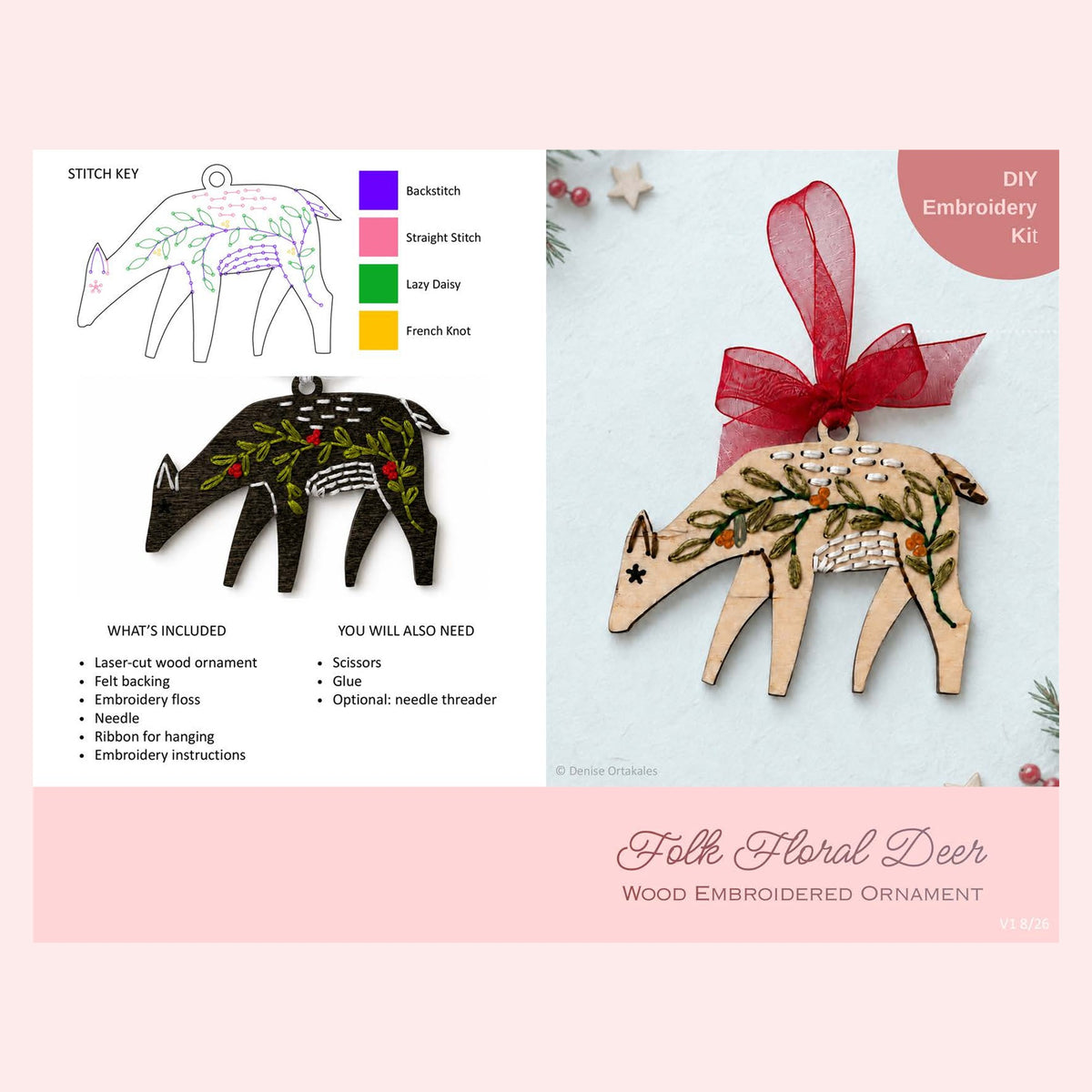 Page 1 of the deer embroidery ornament kit instructions showing the stitch key and supply list