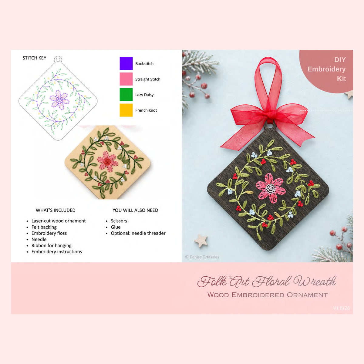Page 1 of the floral wreath embroidery ornament kit instructions showing the stitch key and supply list
