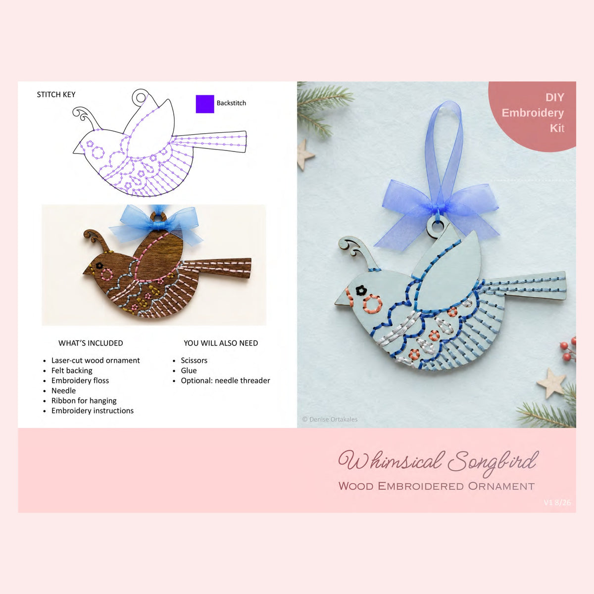 Page 1 of the whimsical songbird embroidery ornament kit instructions showing the stitch key and supply list