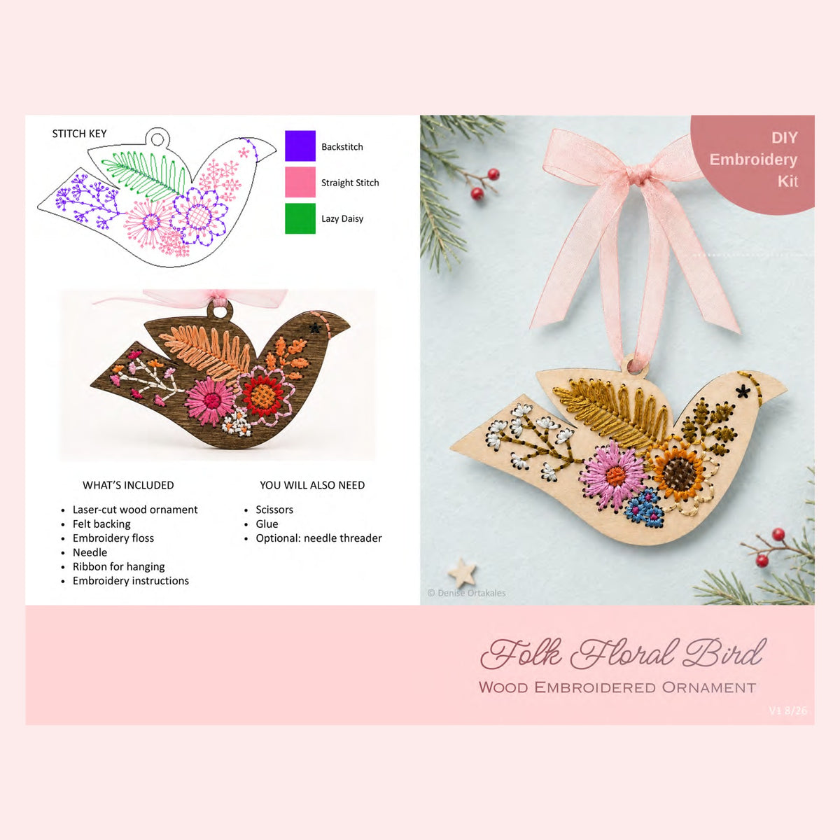Page 1 of the folk floral bird embroidery ornament kit instructions showing the stitch key and supply list