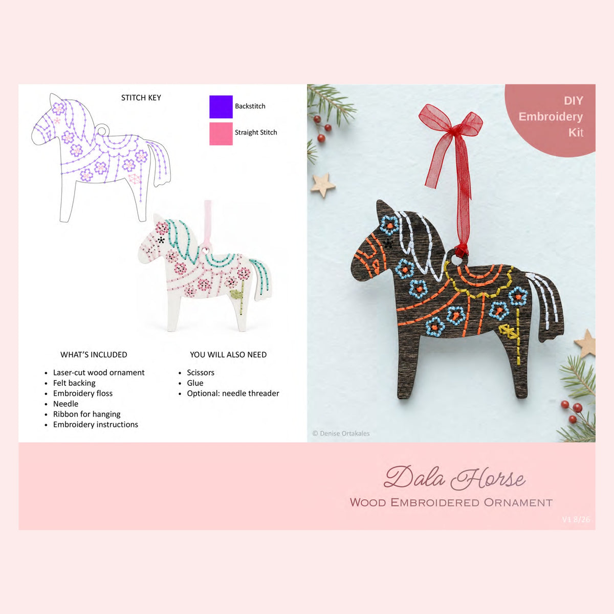 Page 1 of the Dala horse embroidery ornament kit instructions showing the stitch key and supply list