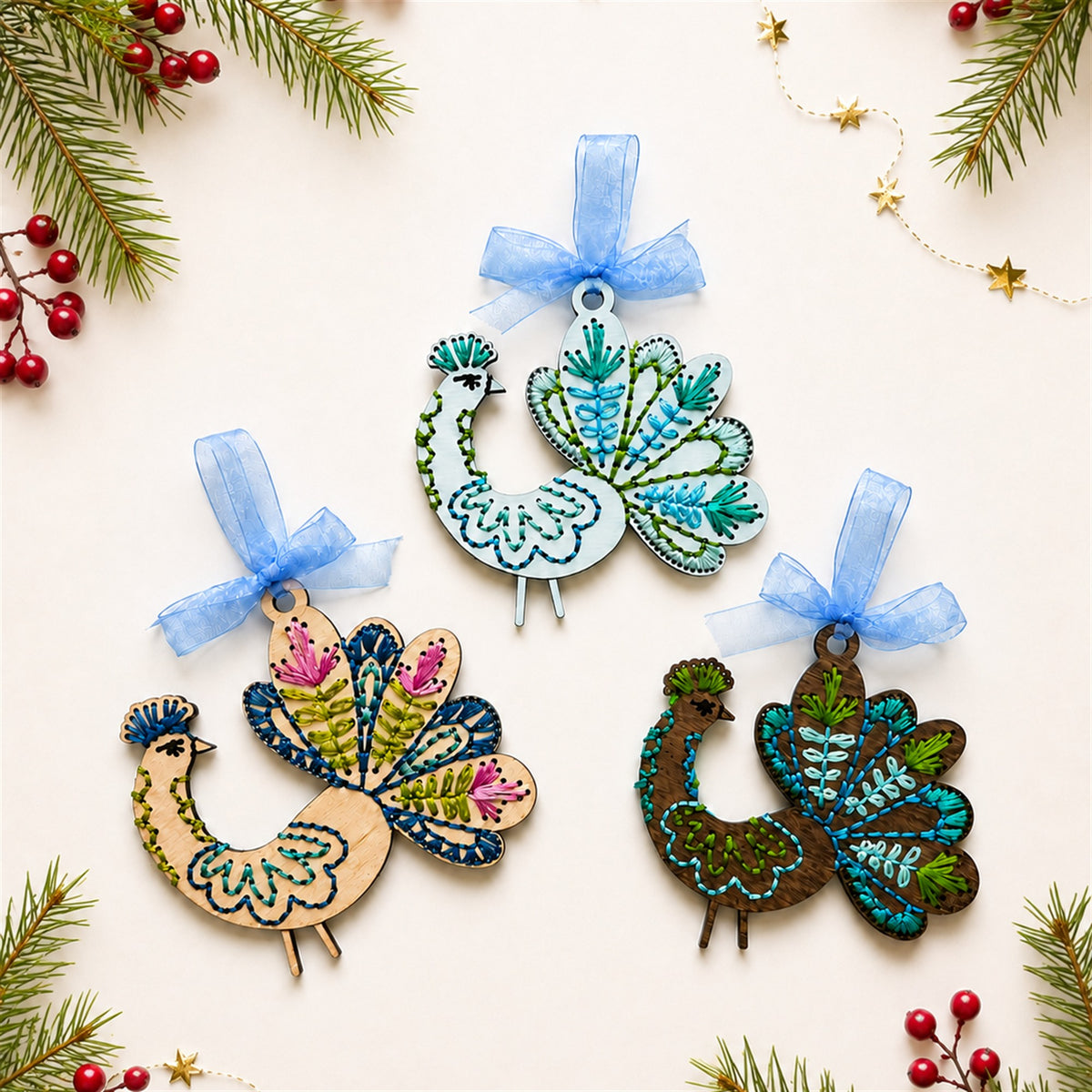 Three peacock embroidery ornaments in different finishes with blue bows and evergreen sprigs on a white background