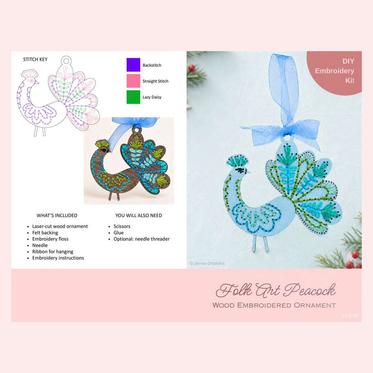 Page 1 of the peacock embroidery ornament kit instructions showing the stitch key and supply list