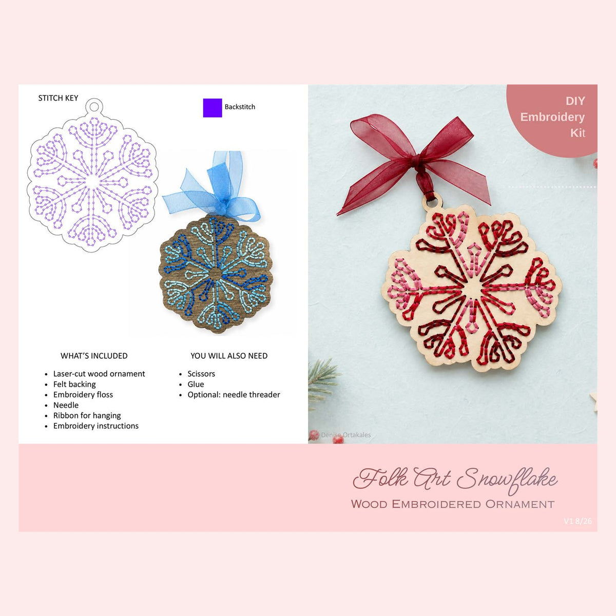 Page 1 of the snowflake embroidery ornament kit instructions showing the stitch key and supply list