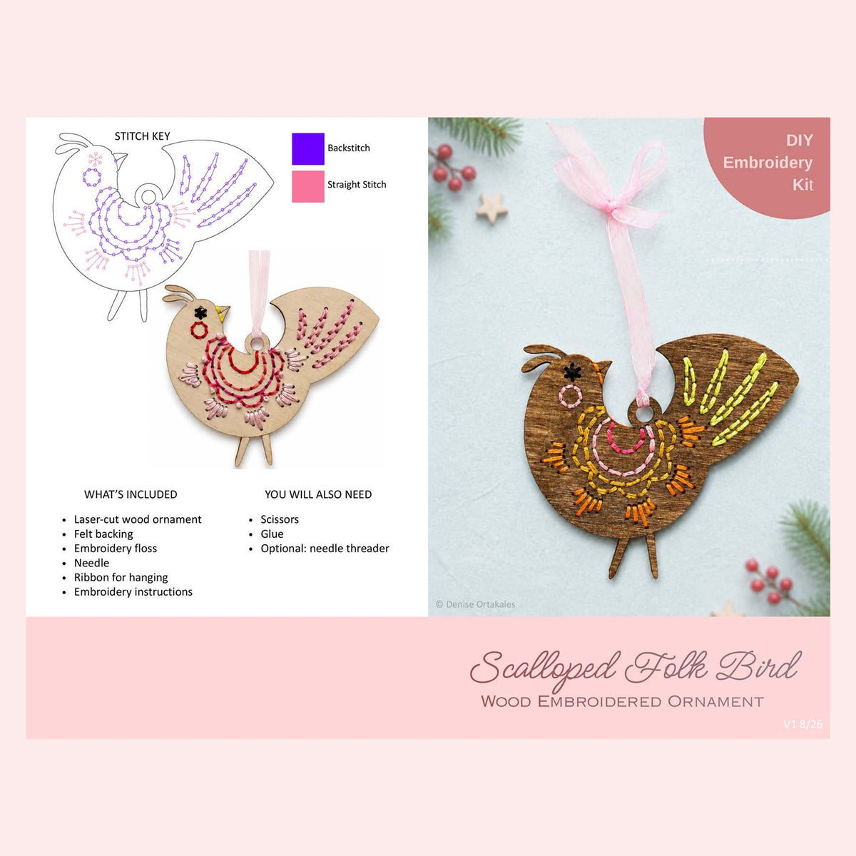 Page 1 of the scalloped folk bird embroidery ornament kit instructions showing the stitch key and supply list