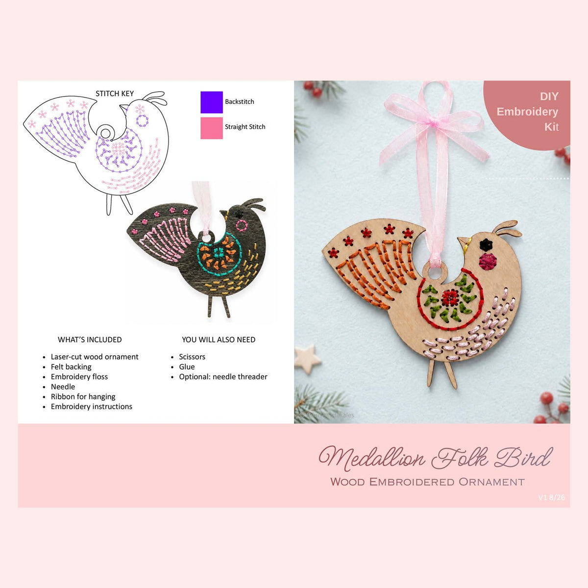 Page 1 of the medallion folk bird embroidery ornament kit instructions showing the stitch key and supply list