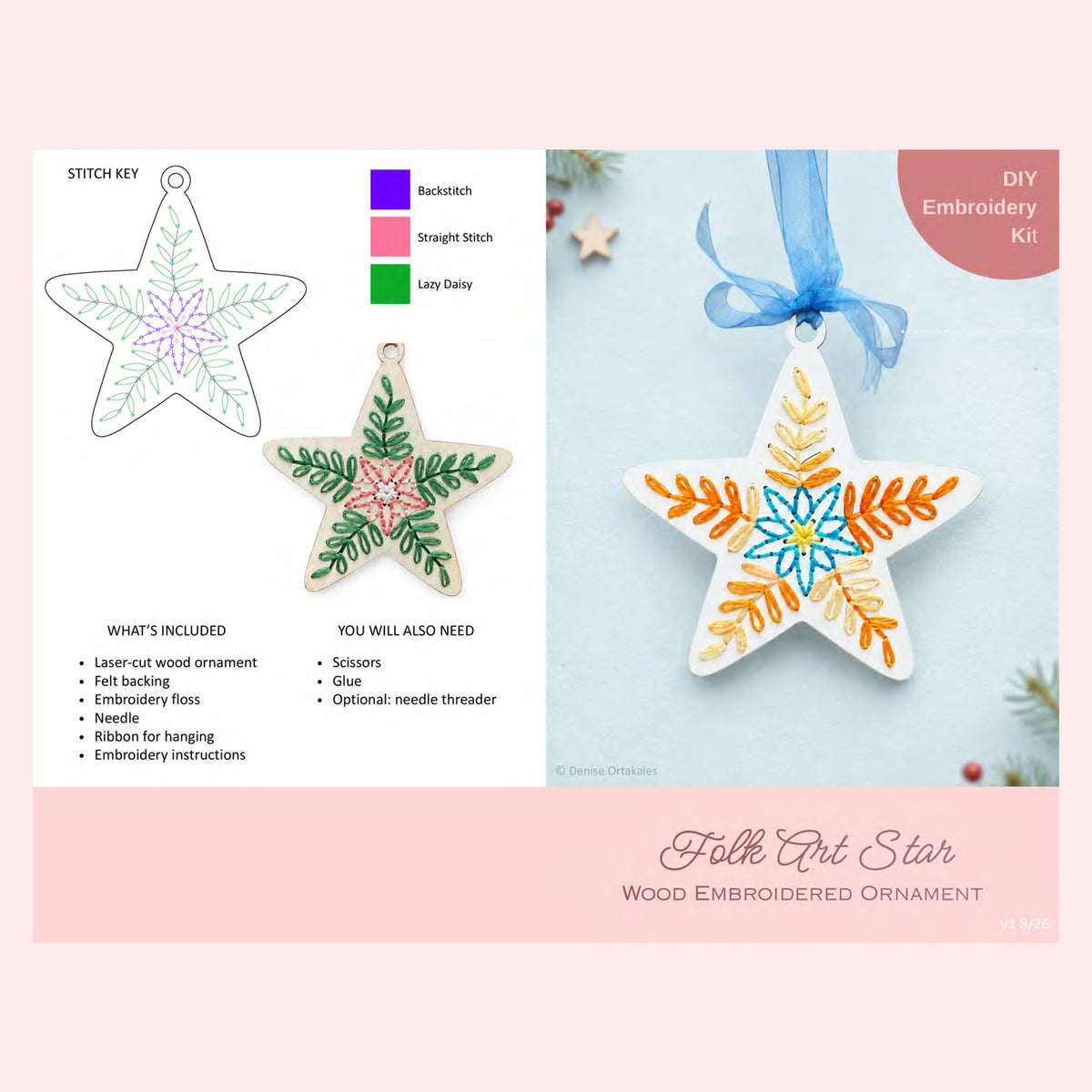 Page 1 of the folk art star embroidery ornament kit instructions showing the stitch key and supply list