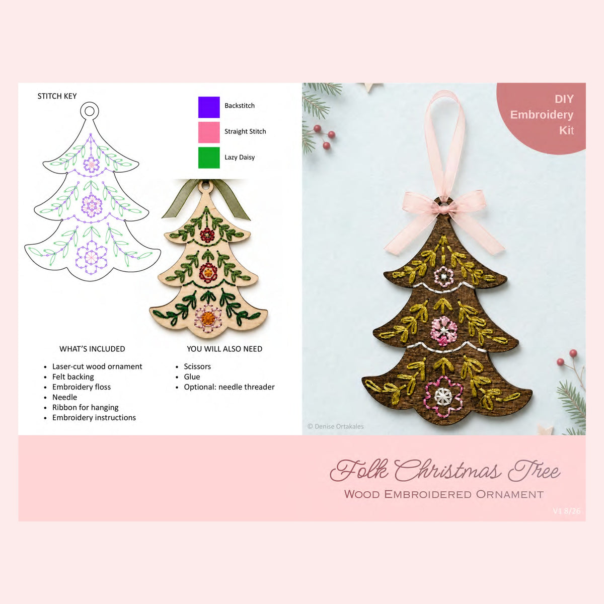 Page 1 of the tree embroidery ornament kit instructions showing the stitch key and supply list