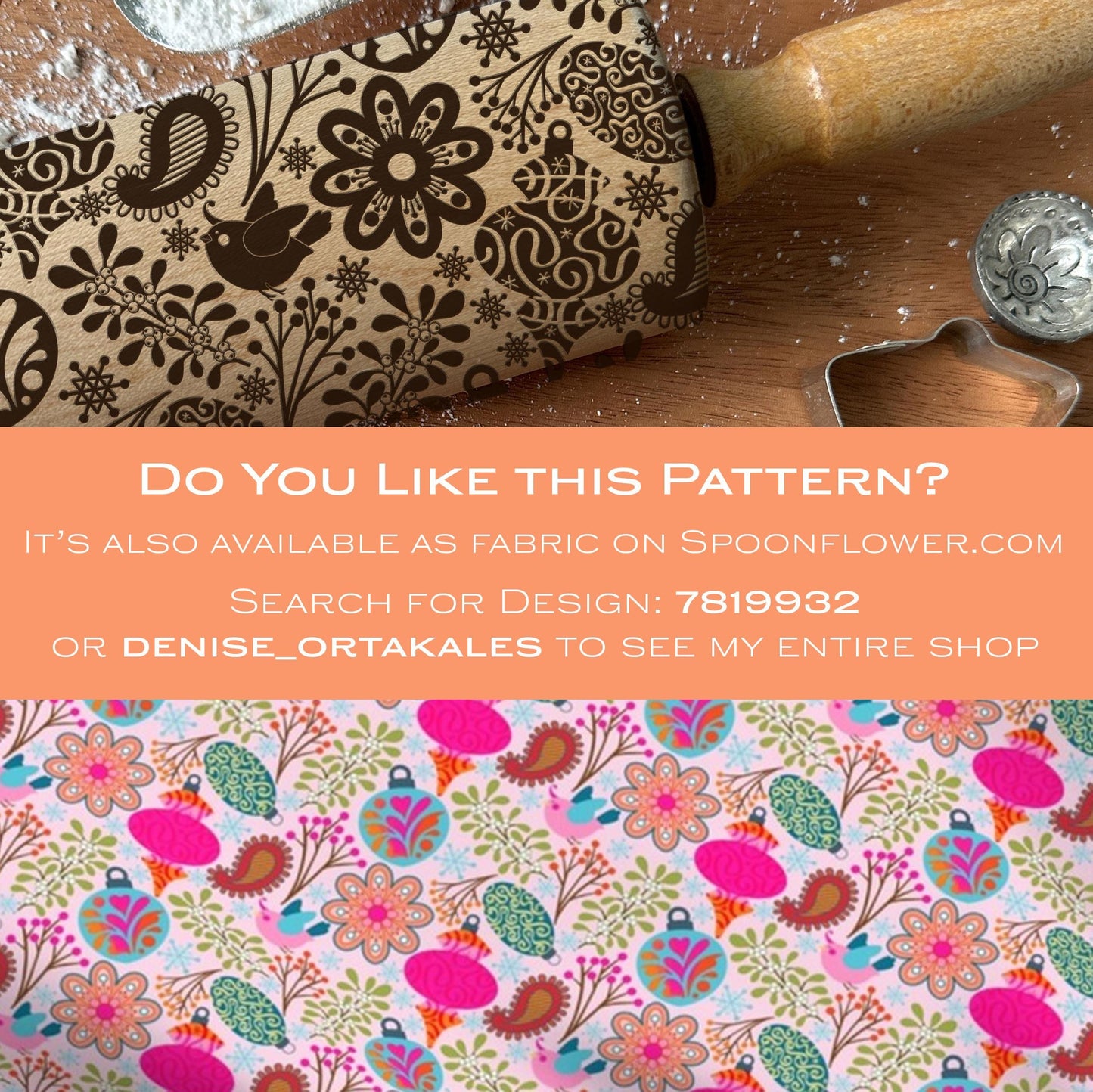 Floral patterned fabric with a wooden rolling pin and cookie cutter on a wooden surface.