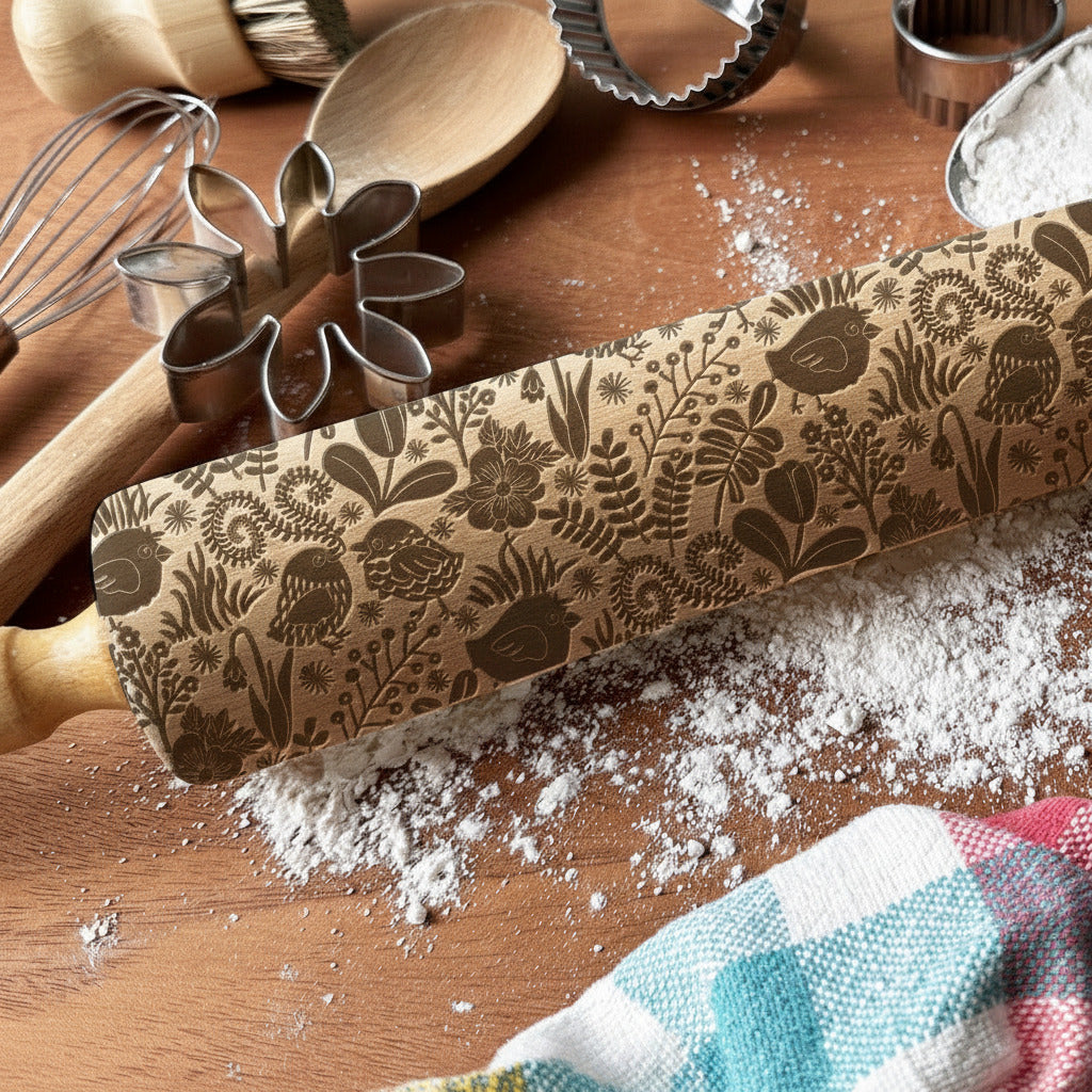 Decorative rolling pin with floral patterns on a wooden surface with baking tools.