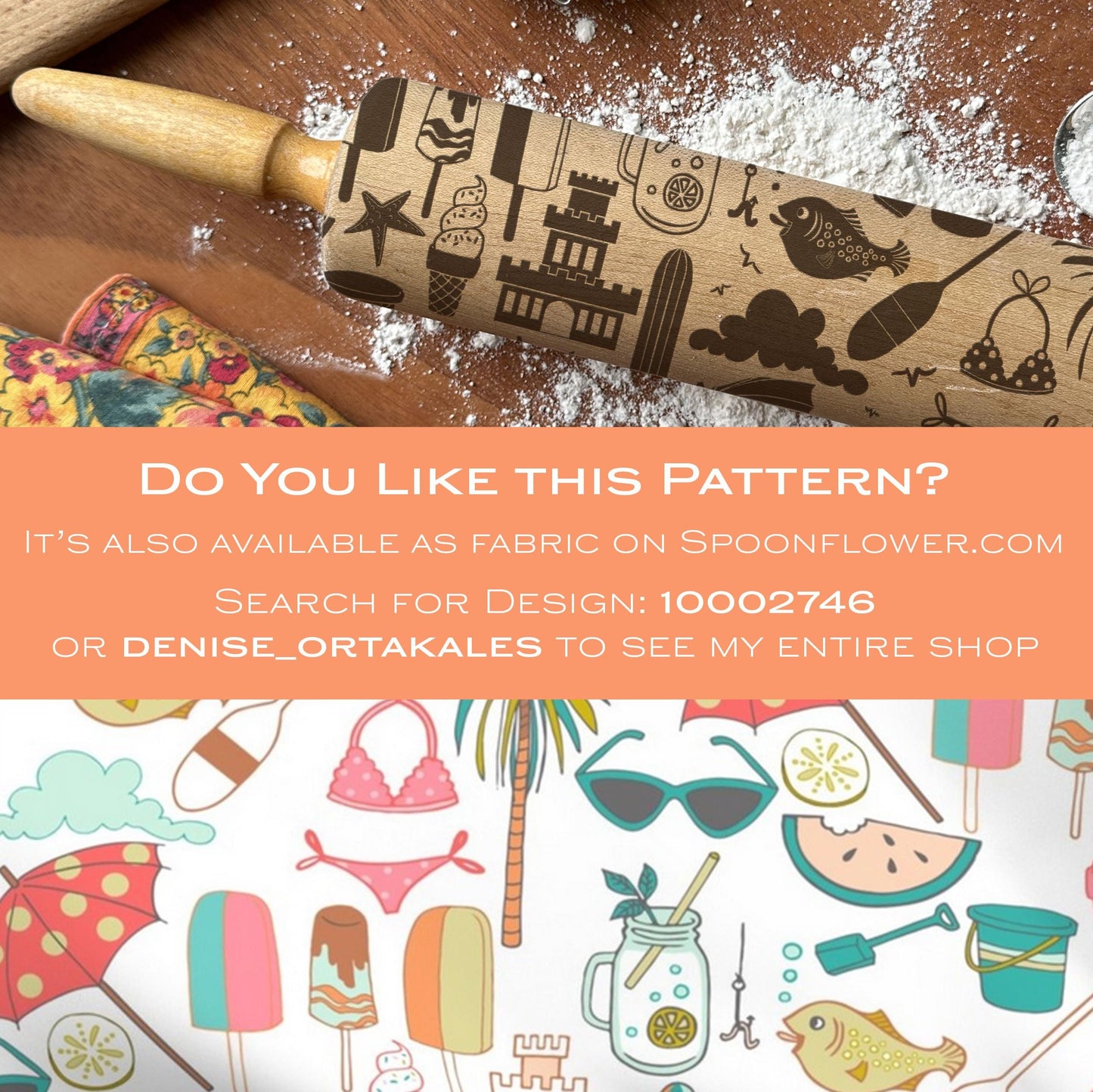 Wooden rolling pin with engraved pattern on a wooden surface with flour, and promotional text for Spoonflower.com.
