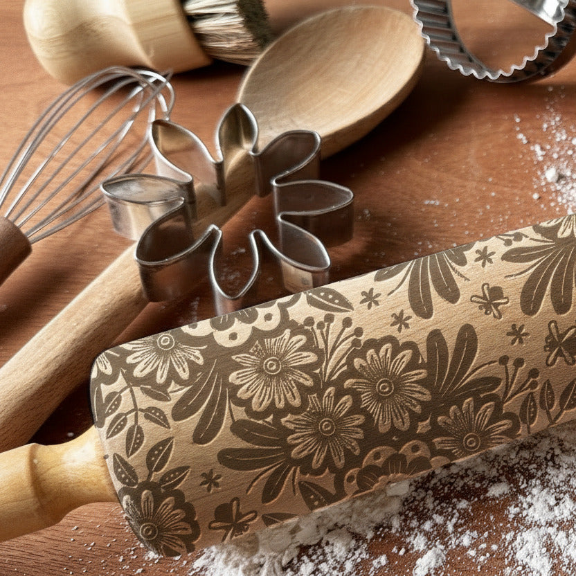 Decorative rolling pin with floral patterns on a wooden surface with baking tools.