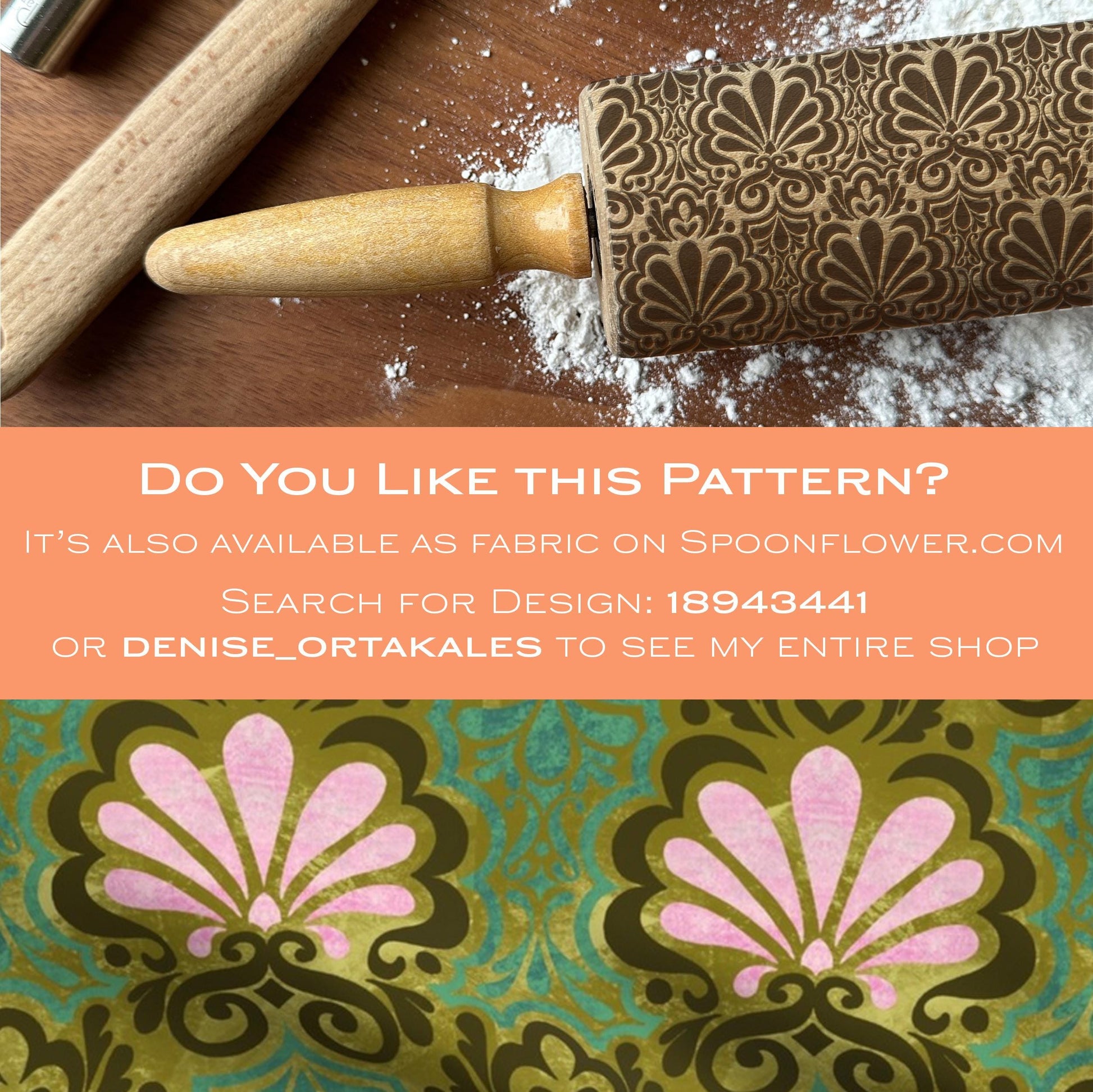 Decorative rolling pin with patterned design on a wooden surface with flour, and promotional text overlay.