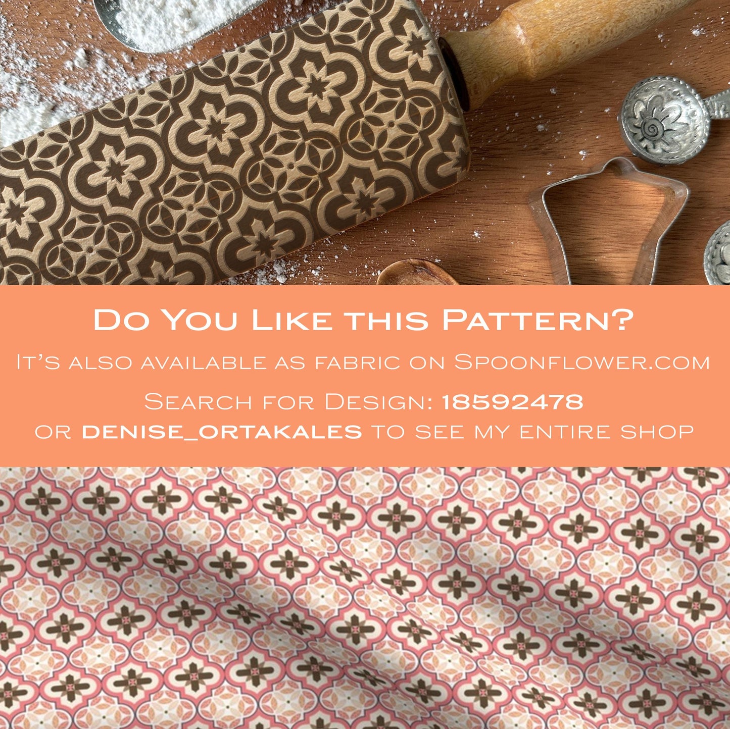 Patterned rolling pin and cookie cutters on a wooden surface with promotional text overlay.