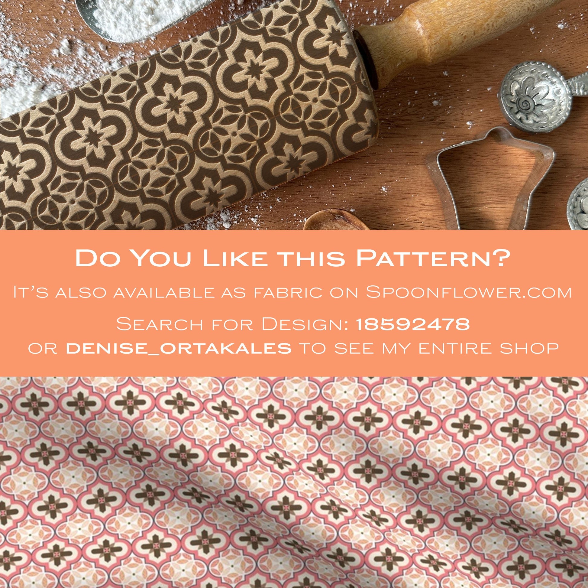 Patterned rolling pin and cookie cutters on a wooden surface with promotional text overlay.