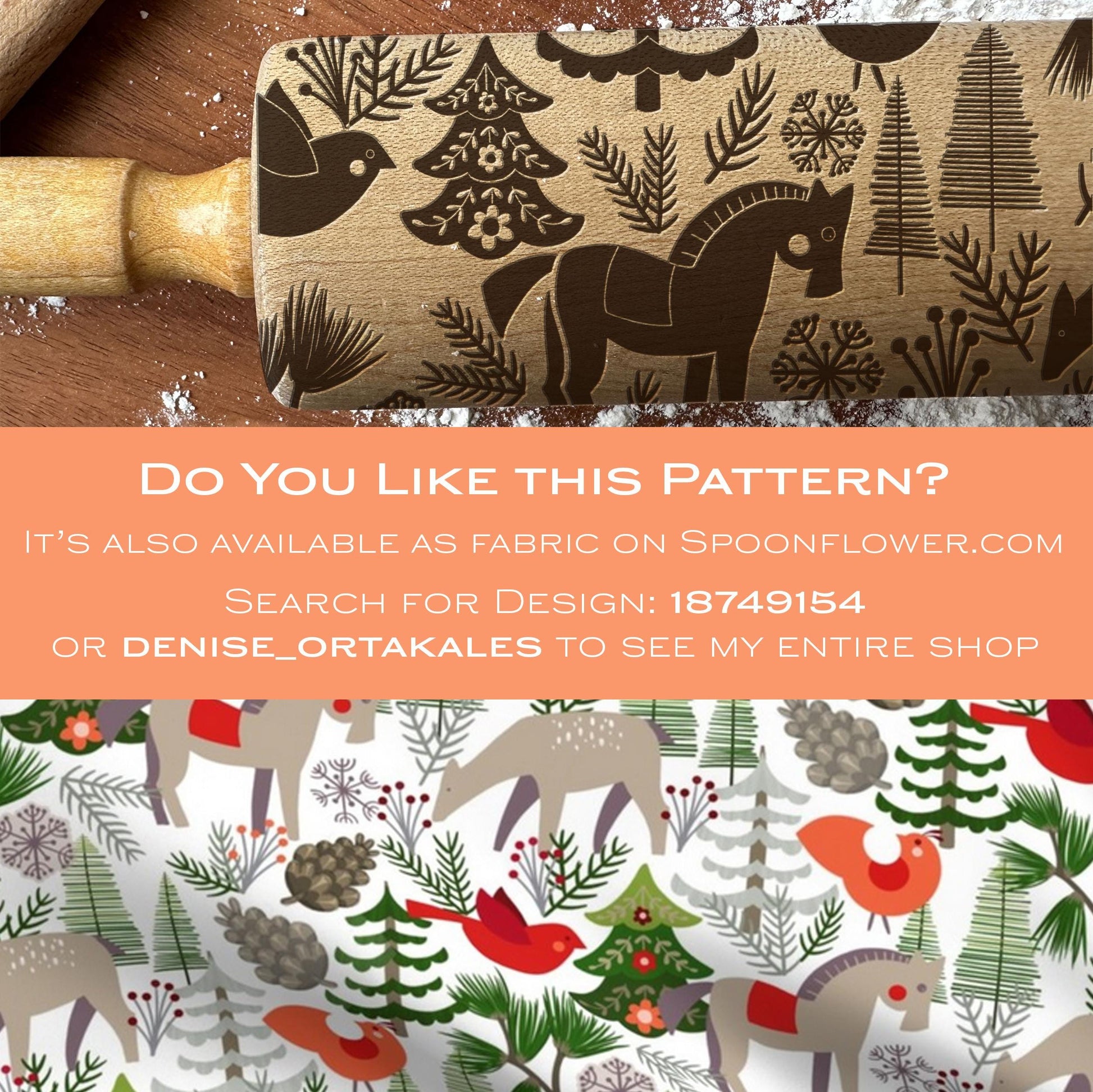 Wooden rolling pin with nature-themed pattern and fabric swatch below.