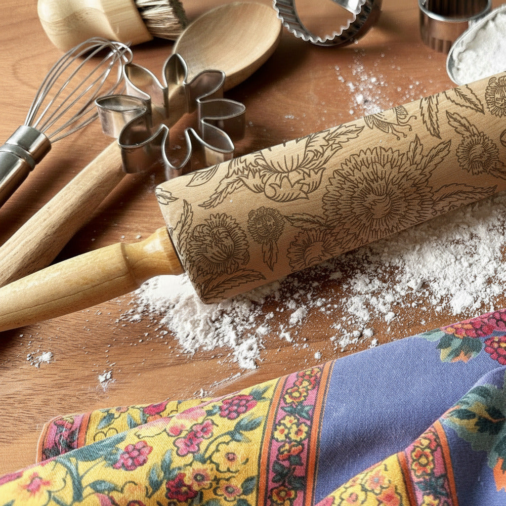 Floral-patterned rolling pin on a wooden surface with baking tools and flour, featuring 'PickleandPeachStudio' branding.