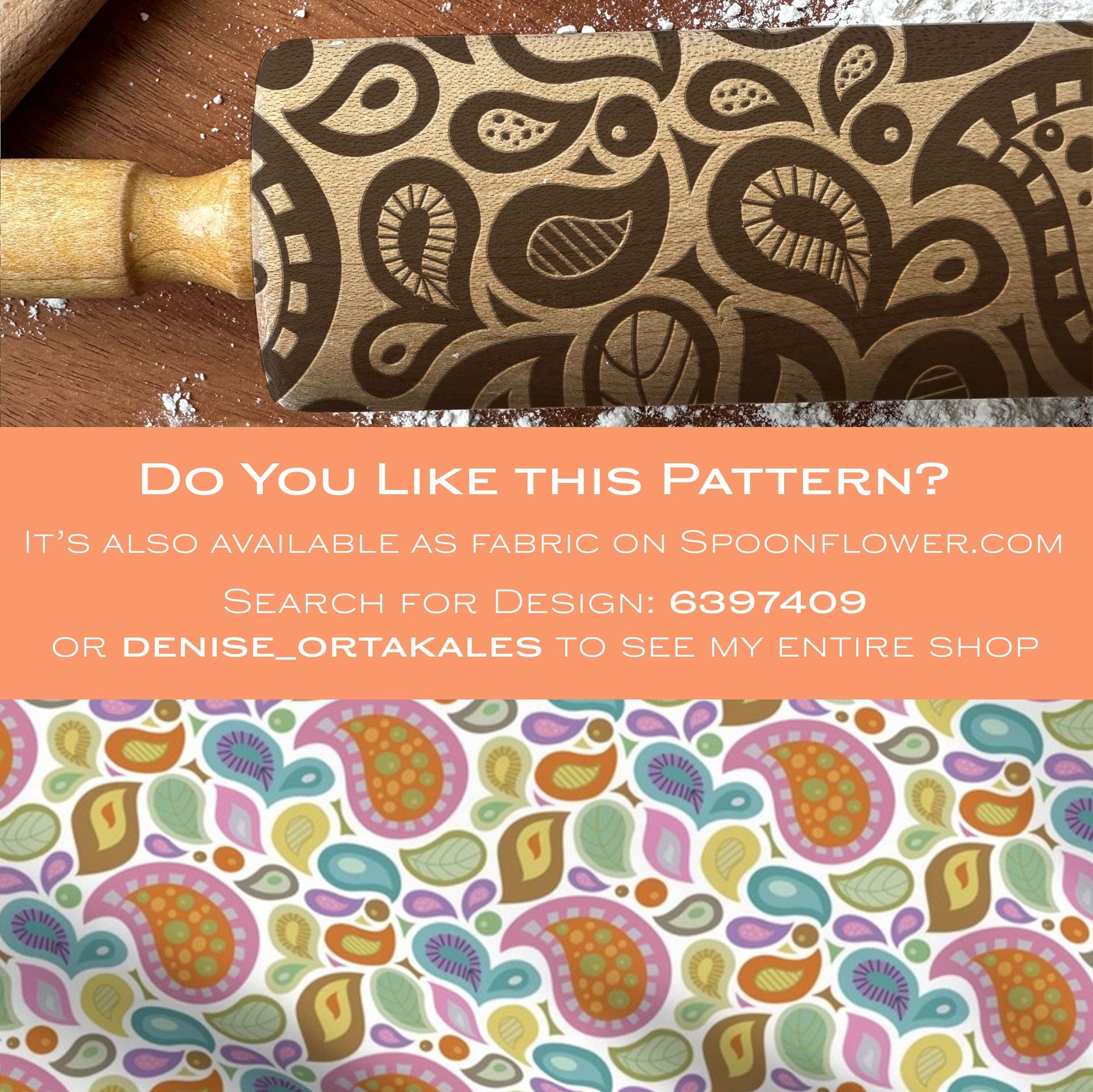 Patterned rolling pin on a wooden surface with promotional text for Spoonflower.com.