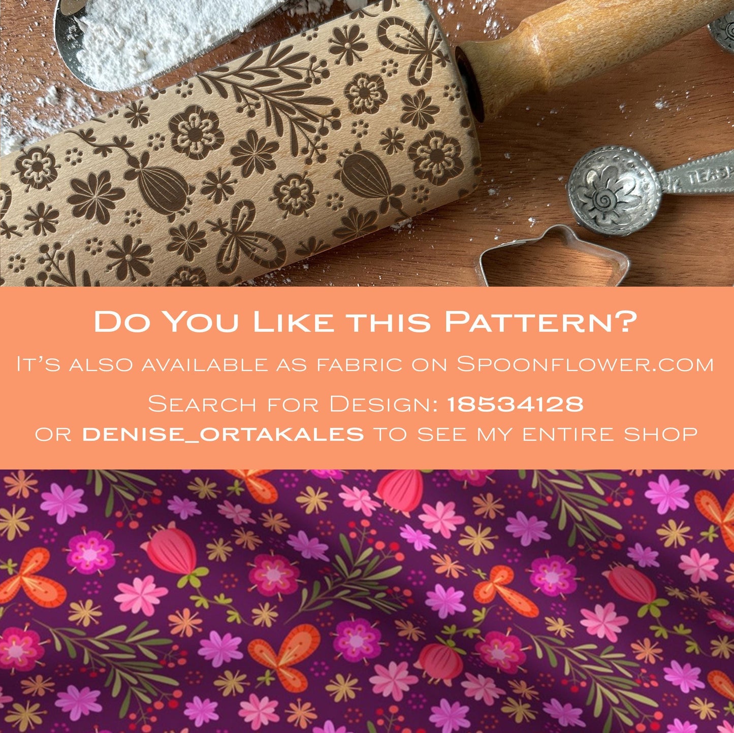 Floral and butterfly patterned fabric with a rolling pin and cookie cutters on a wooden surface.