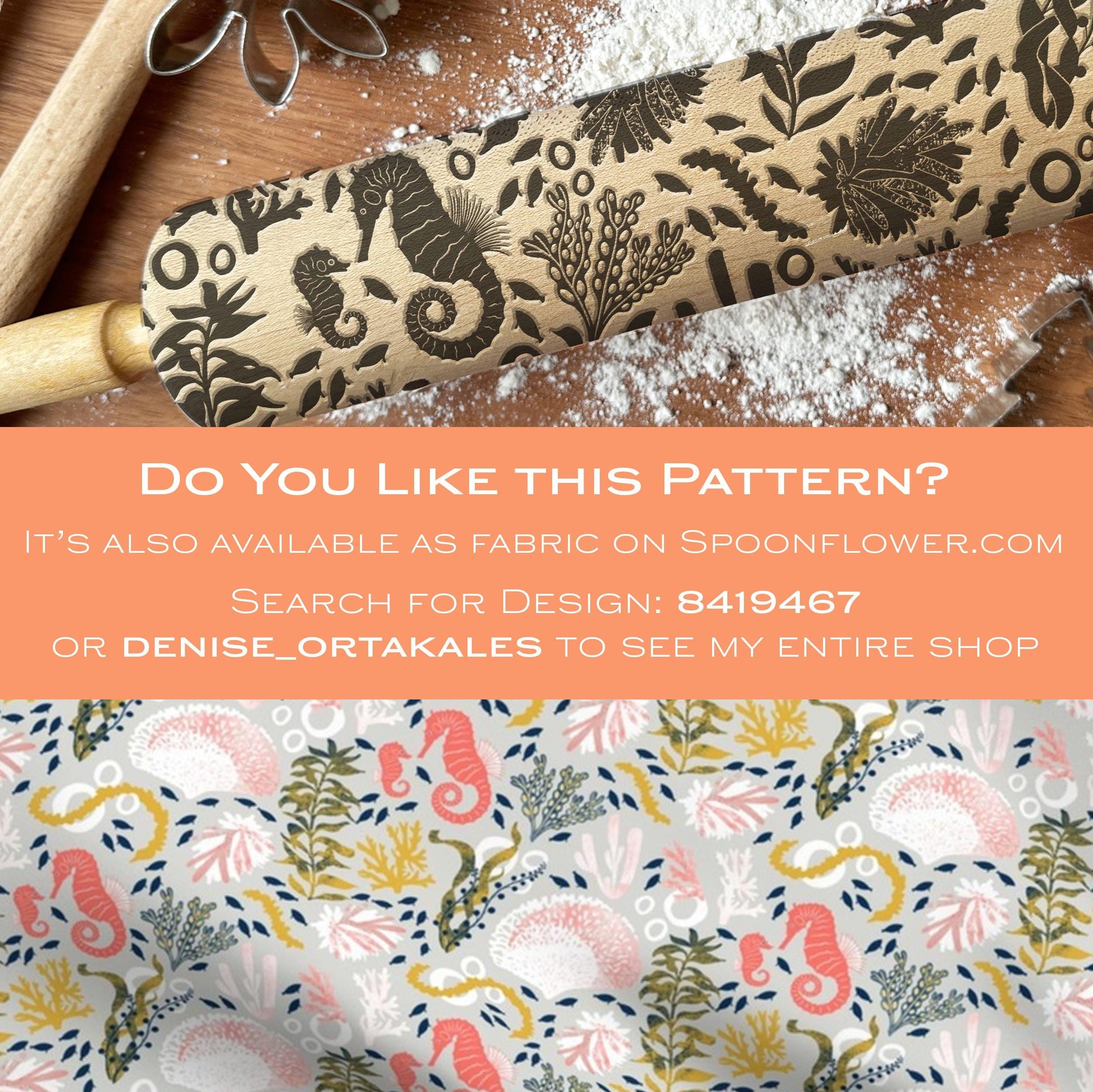Patterned rolling pin on a wooden surface with text overlay about Spoonflower.com