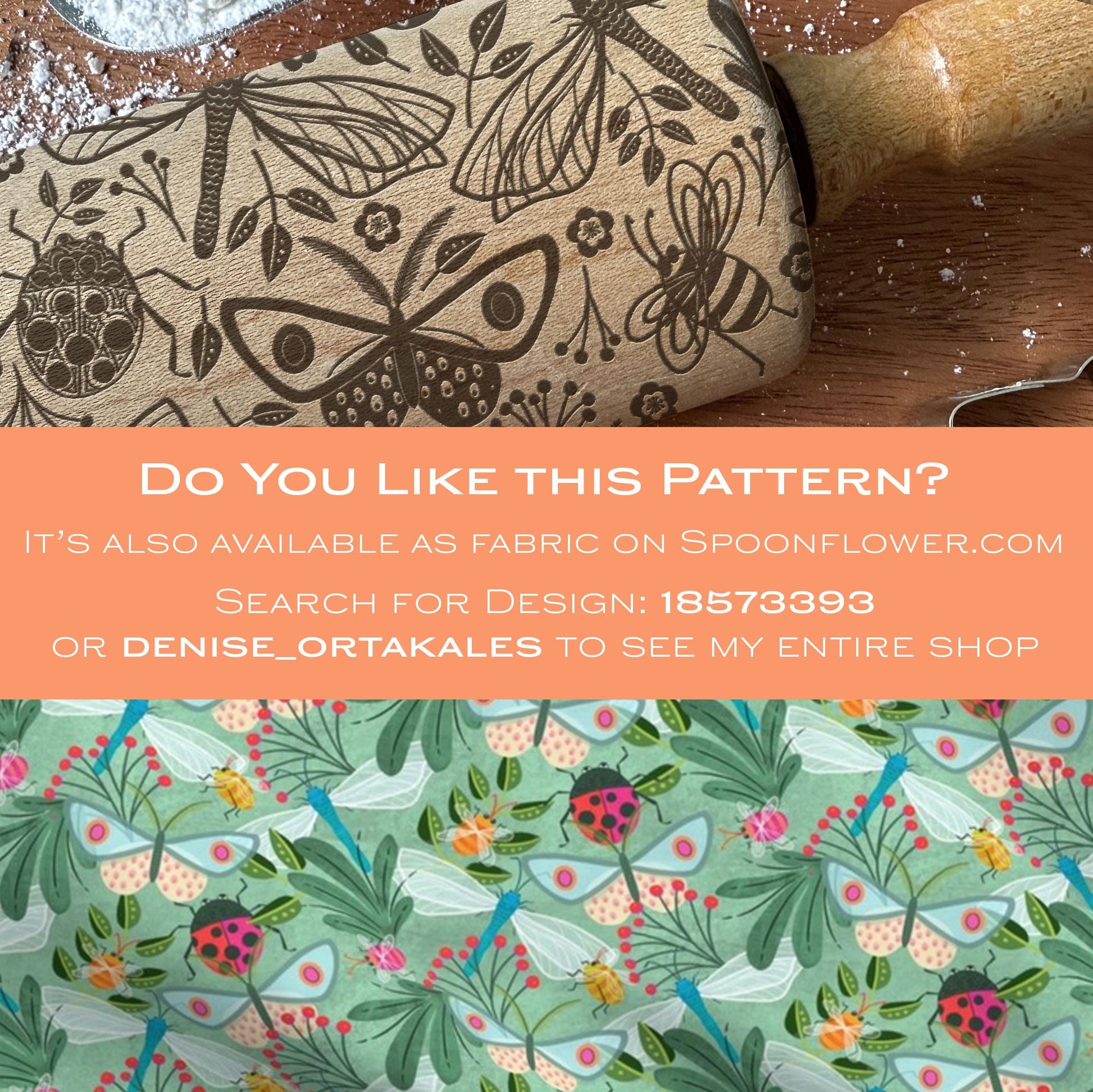 Wooden rolling pin with insect pattern on a wooden surface, promotional text overlay.