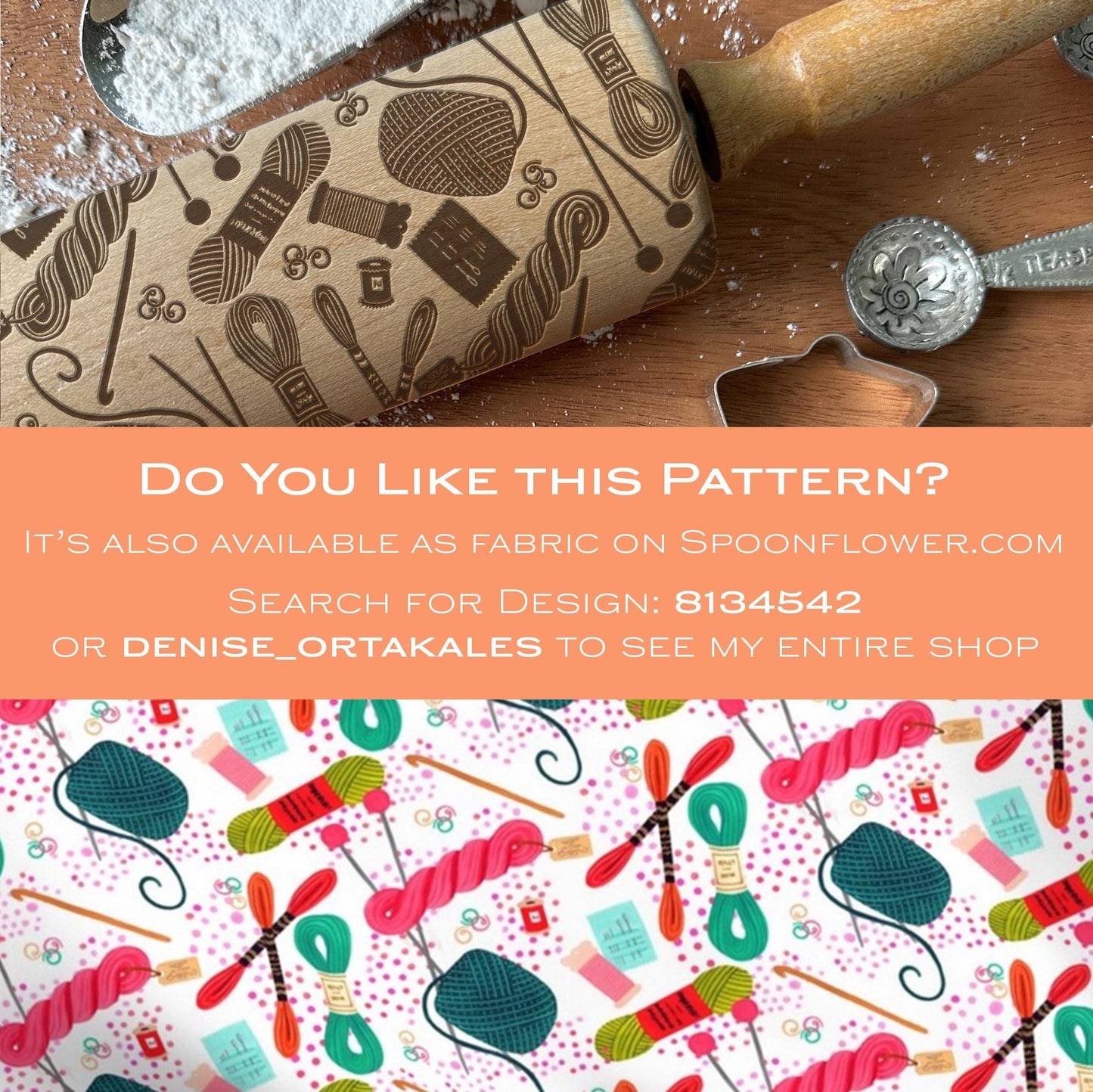 Wooden rolling pin with patterned design on a wooden surface, promotional text overlay.