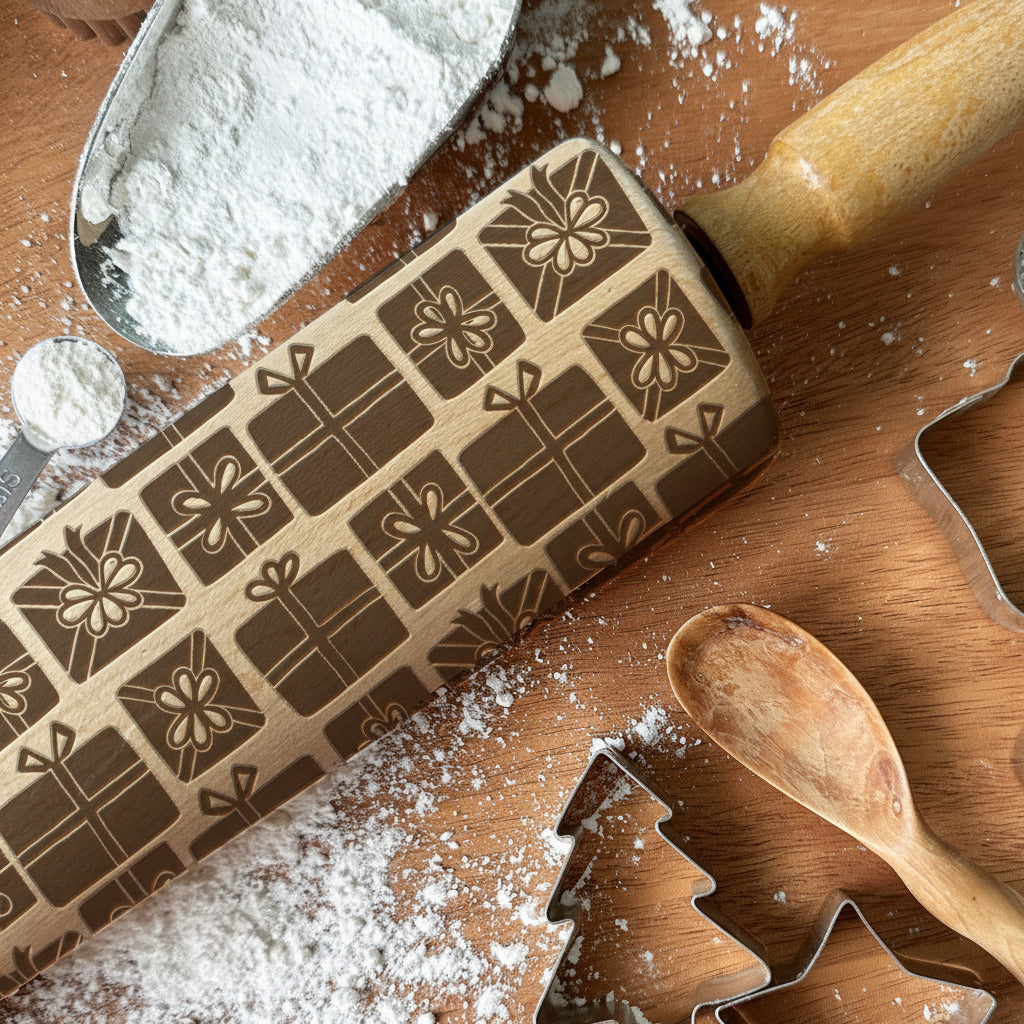Baking tools including a rolling pin with embossing patterns and cookie cutters on a wooden surface.