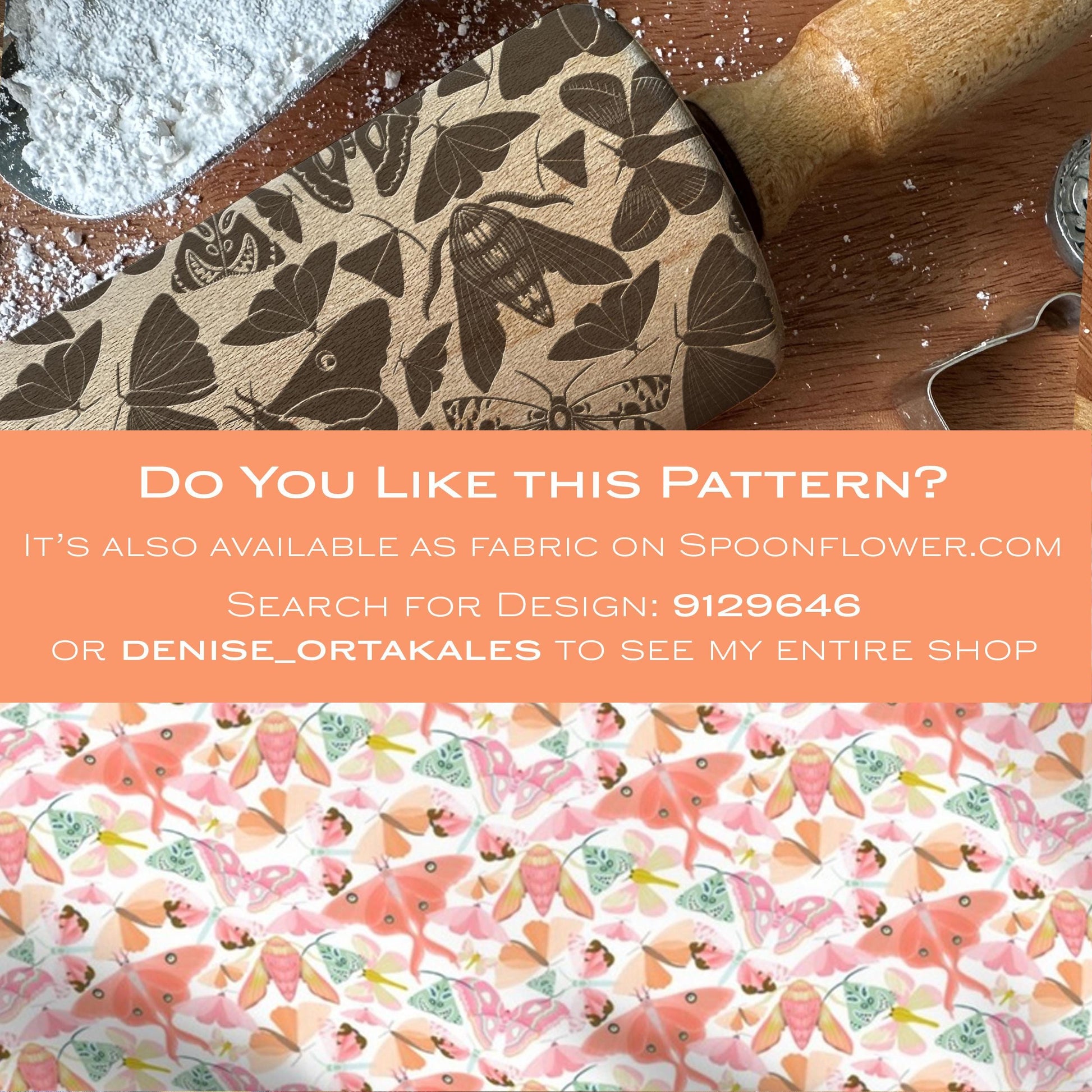 Butterfly patterned cutting board with text overlay on Spoonflower.com