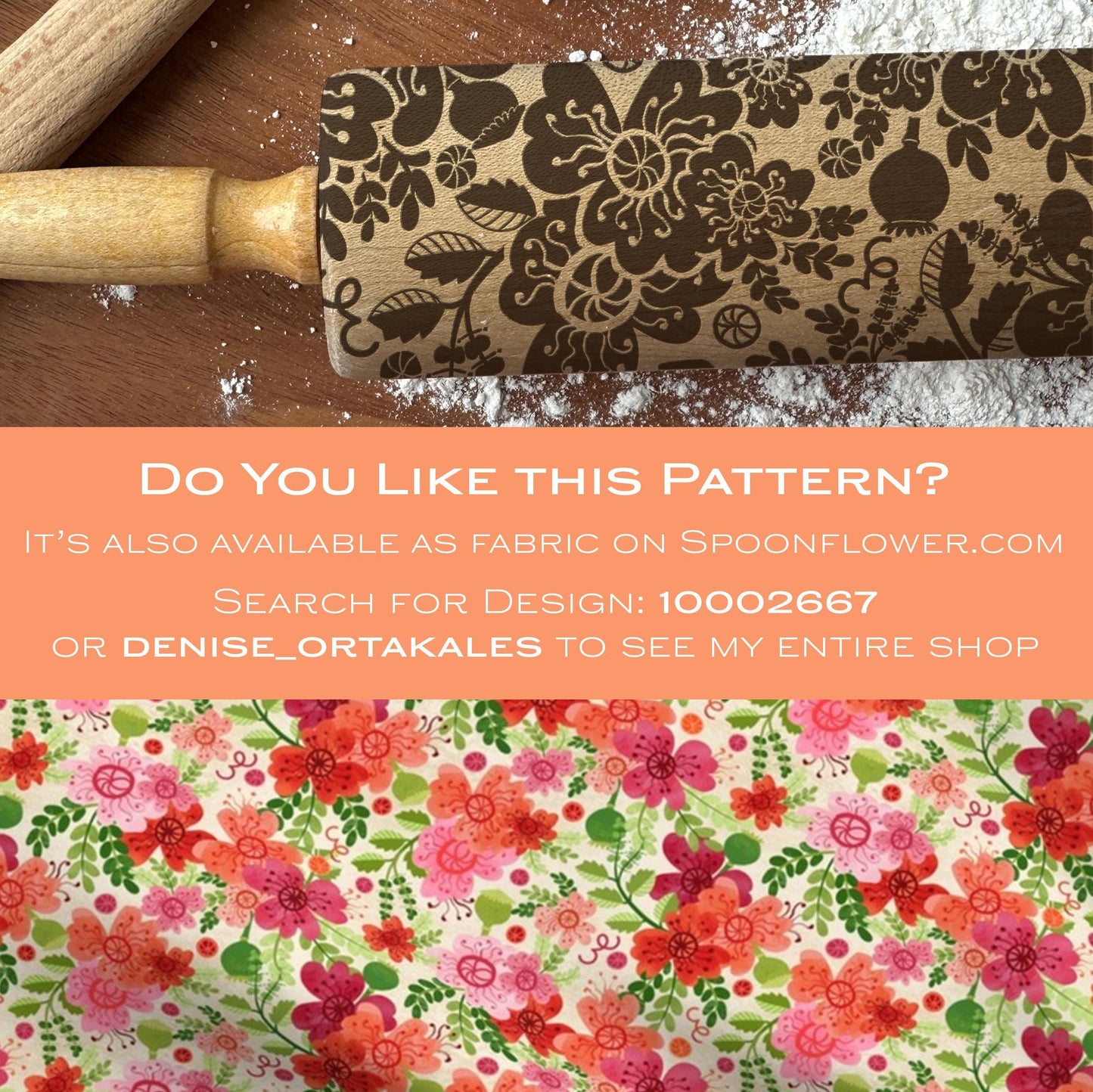 Decorative rolling pin with floral pattern on a wooden surface, promotional text overlay.