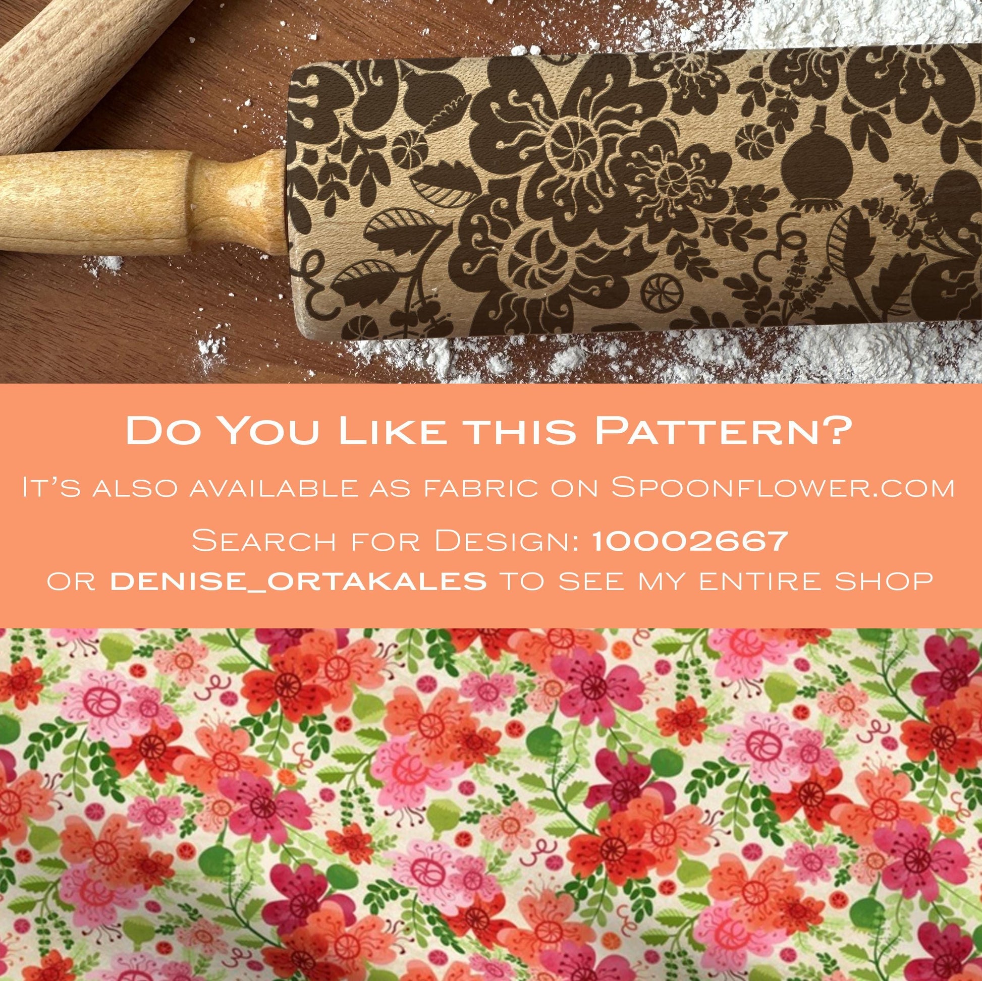 Decorative rolling pin with floral pattern on a wooden surface, promotional text overlay.