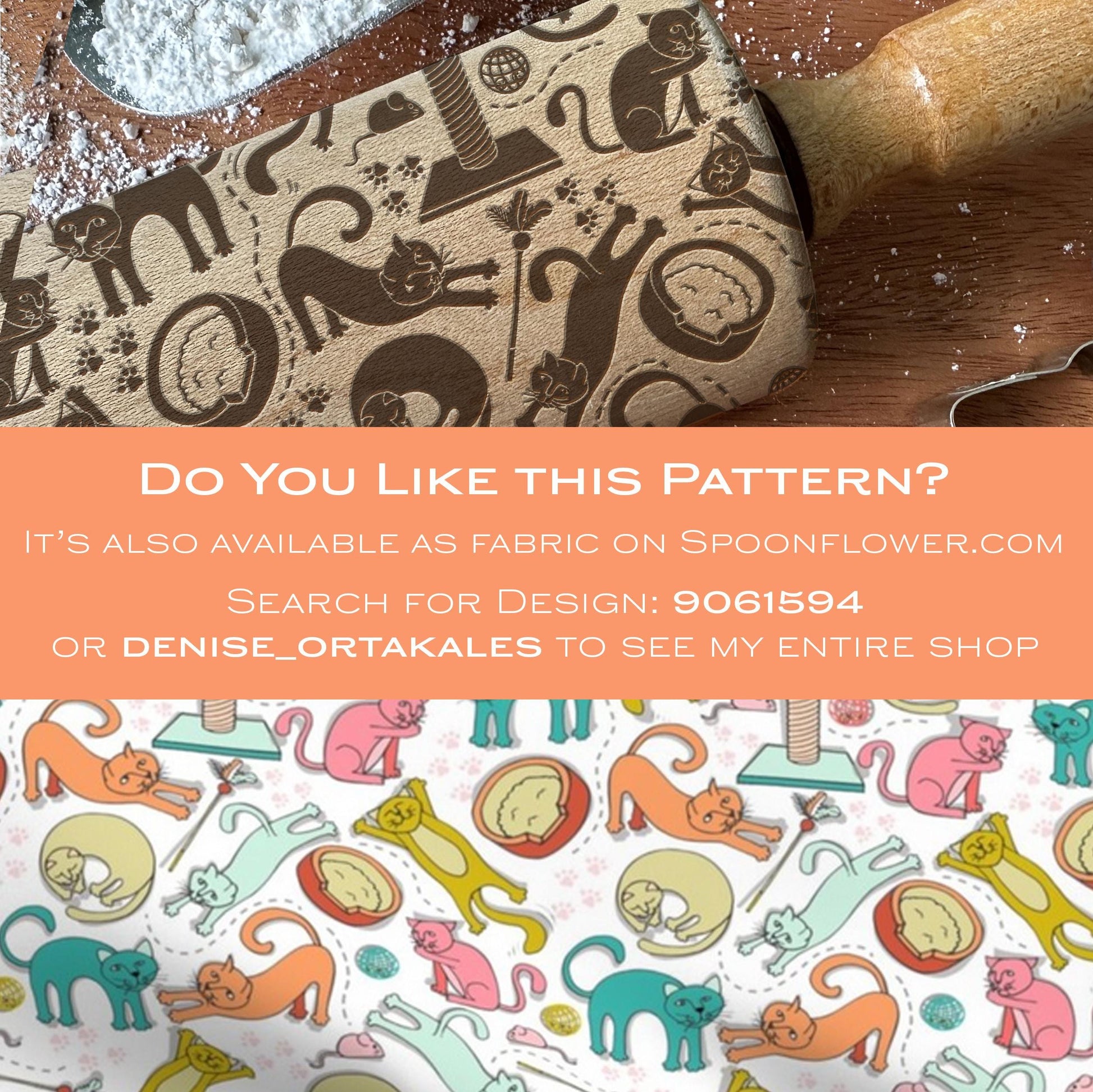 Fabric with cat pattern and promotional text overlay