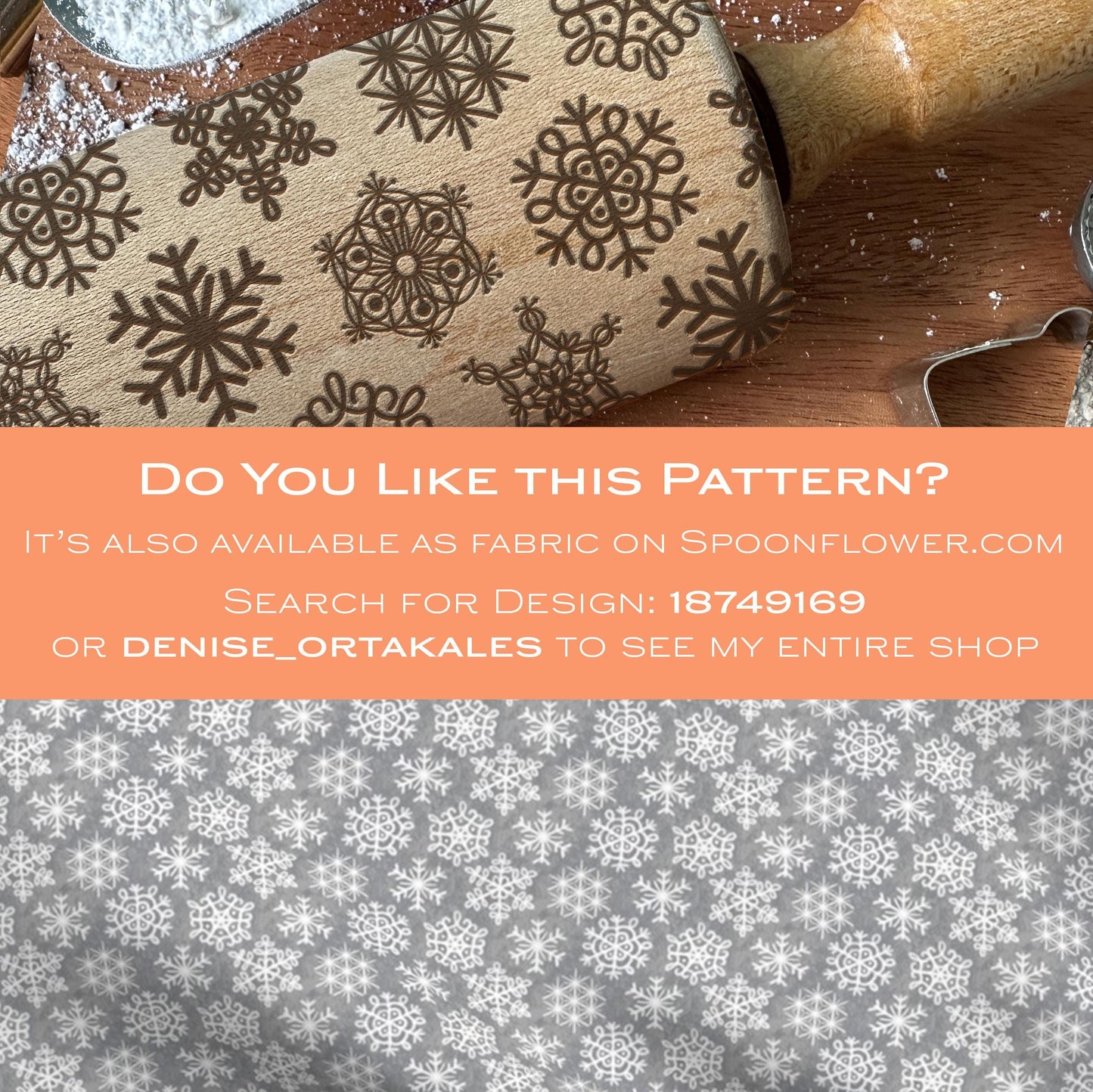 Patterned fabric with snowflake design on a wooden surface, promotional text overlay.
