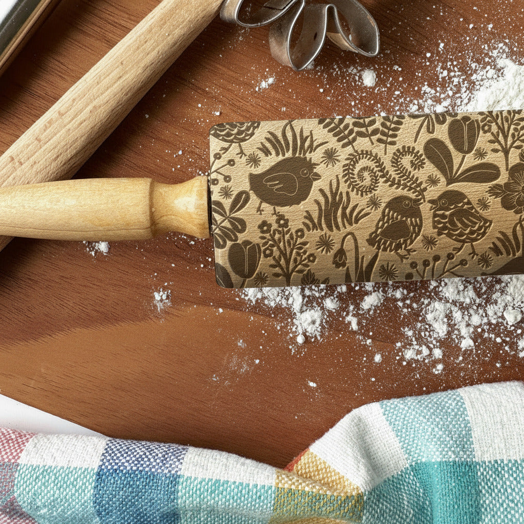 Decorative rolling pin with floral and bird pattern on a wooden surface with flour, branded 'PickleandPeachStudio'.