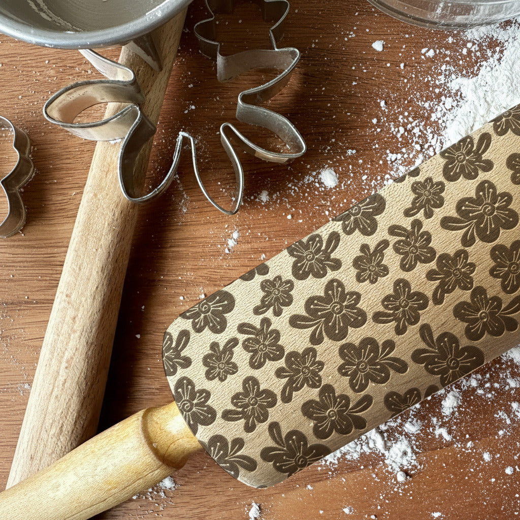 Floral patterned rolling pin on a wooden surface with flour, cookie cutters, and 'PickleandPeachStudio' branding.