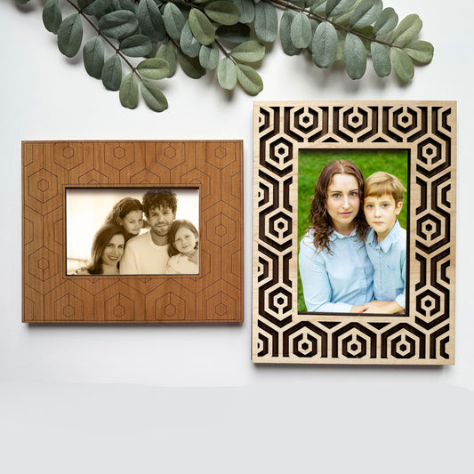 Two decorative picture frames with geometric patterns on a white background.