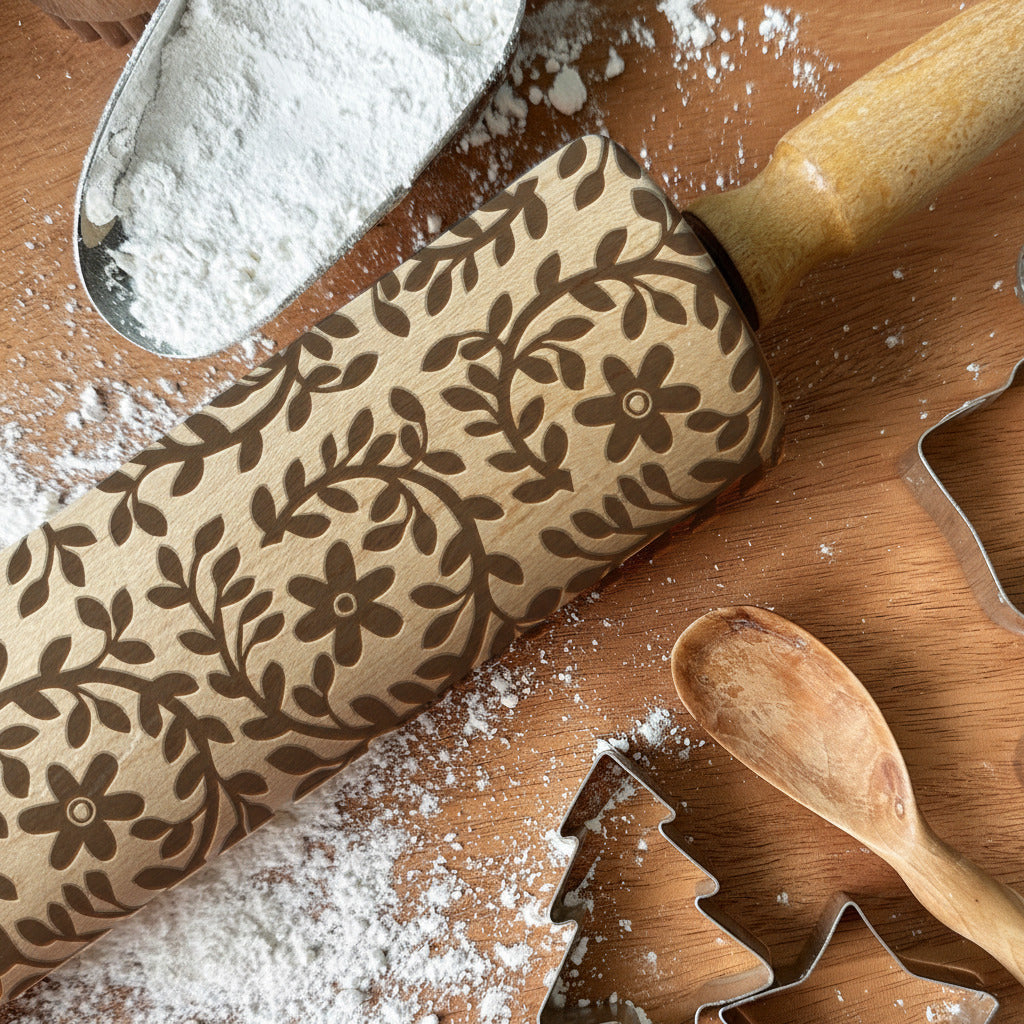 Baking tools including a floral rolling pin, cookie cutters, and a wooden spoon on a wooden surface with flour.