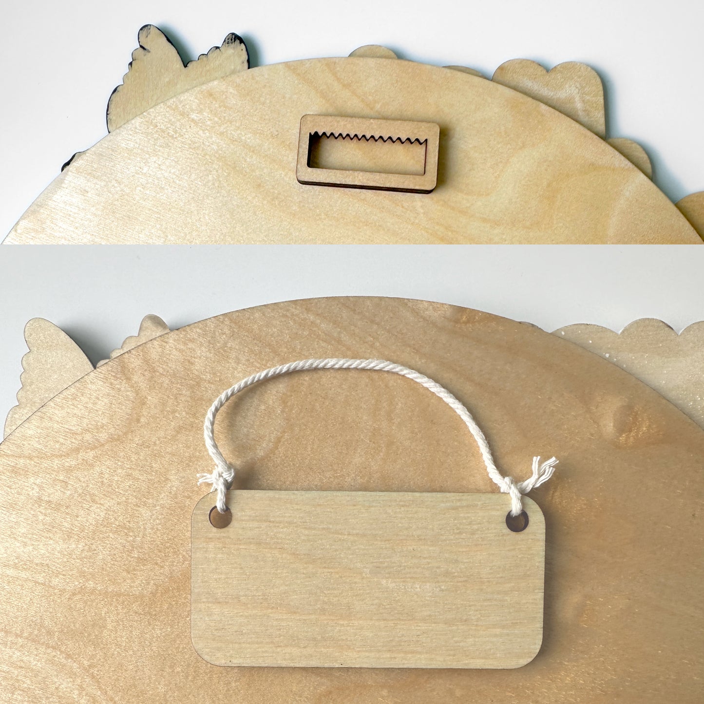 Wooden product with a hanging tag on a white background