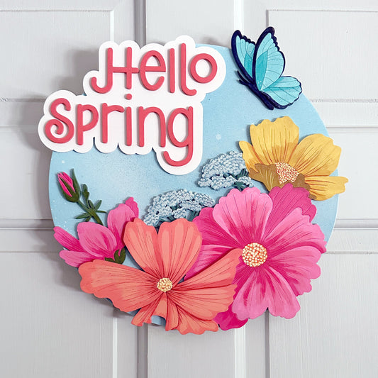 Decorative sign with colorful flowers and a butterfly on a white background