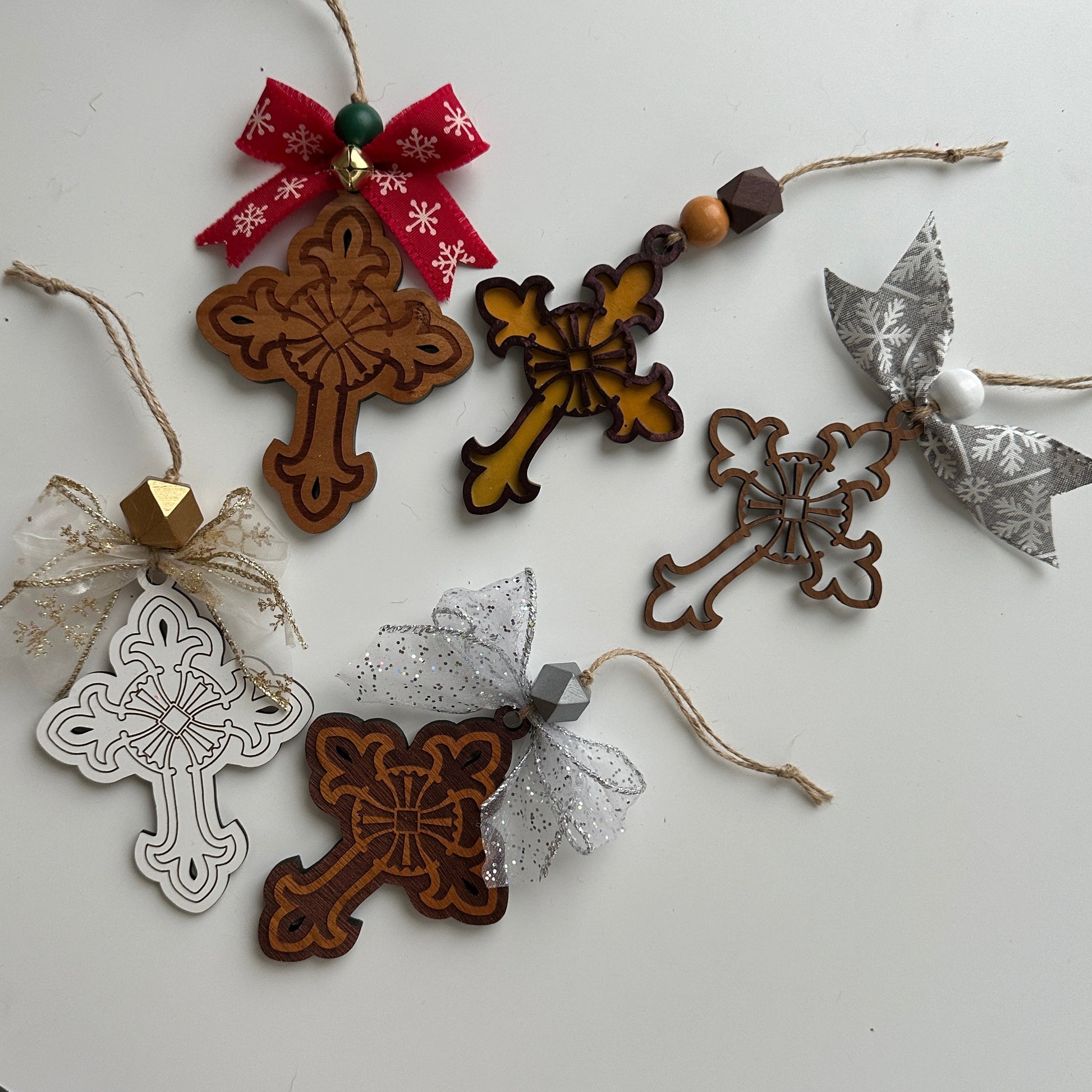 Decorative Christmas ornaments on a white surface