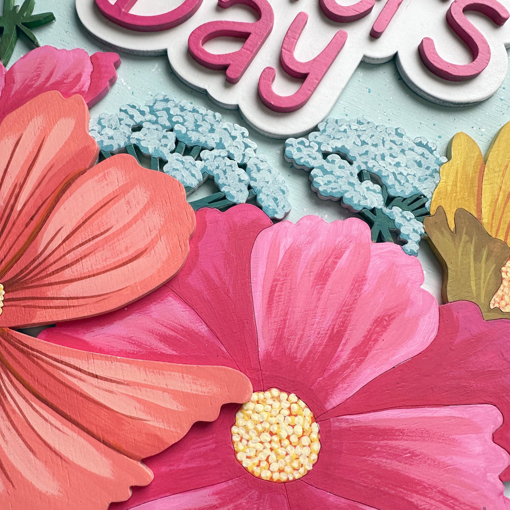 Card with pink flowers and 'Mother's Day' text on a light blue background