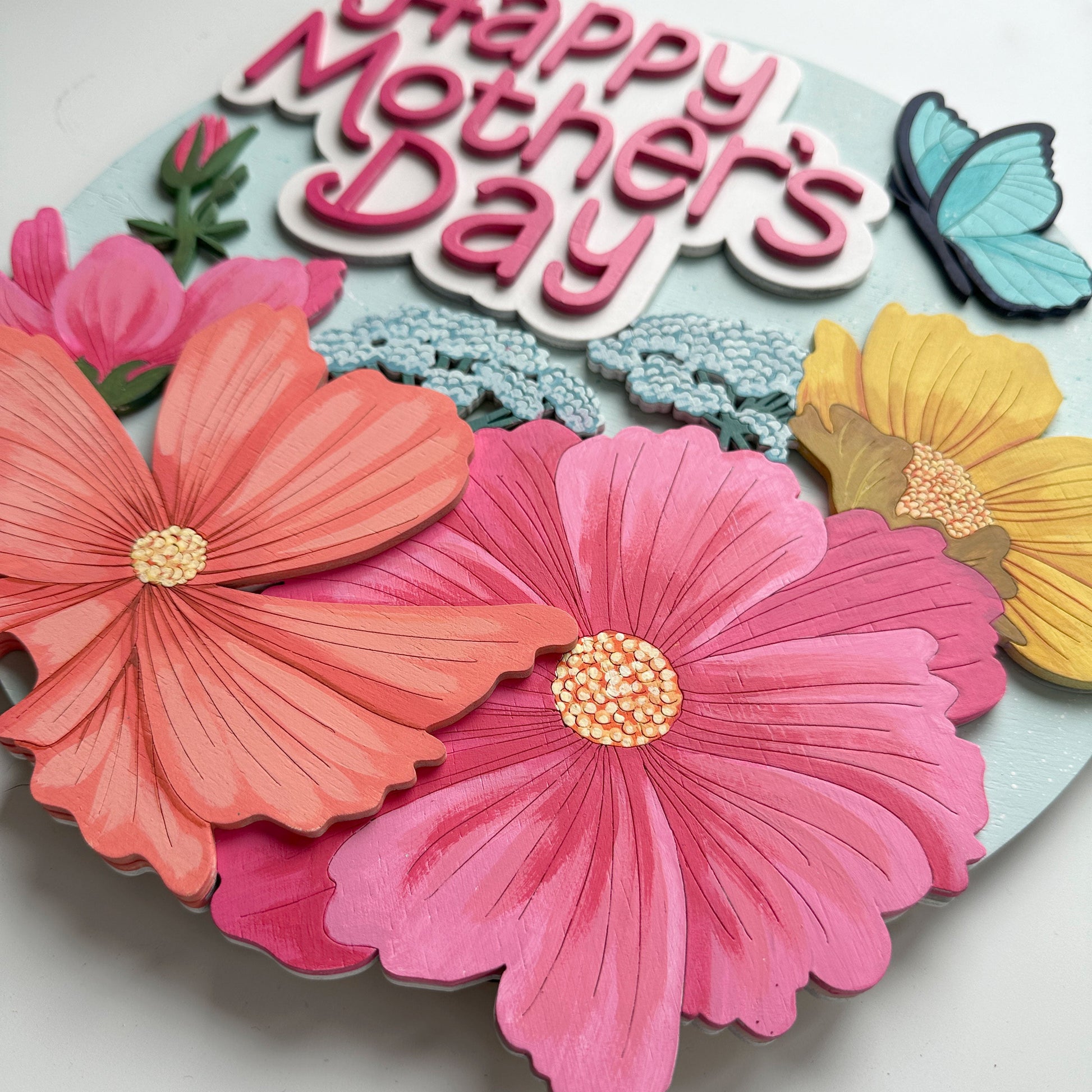 Colorful 'Happy Mother's Day' card with flowers and butterflies on a light background
