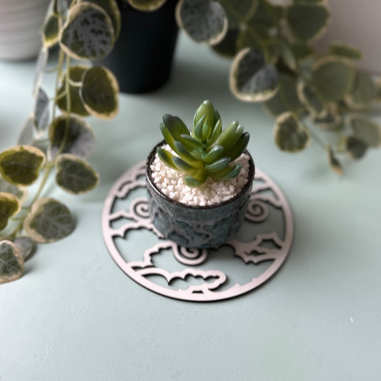 Small potted succulent on a decorative laser-cut trivet on a pale background