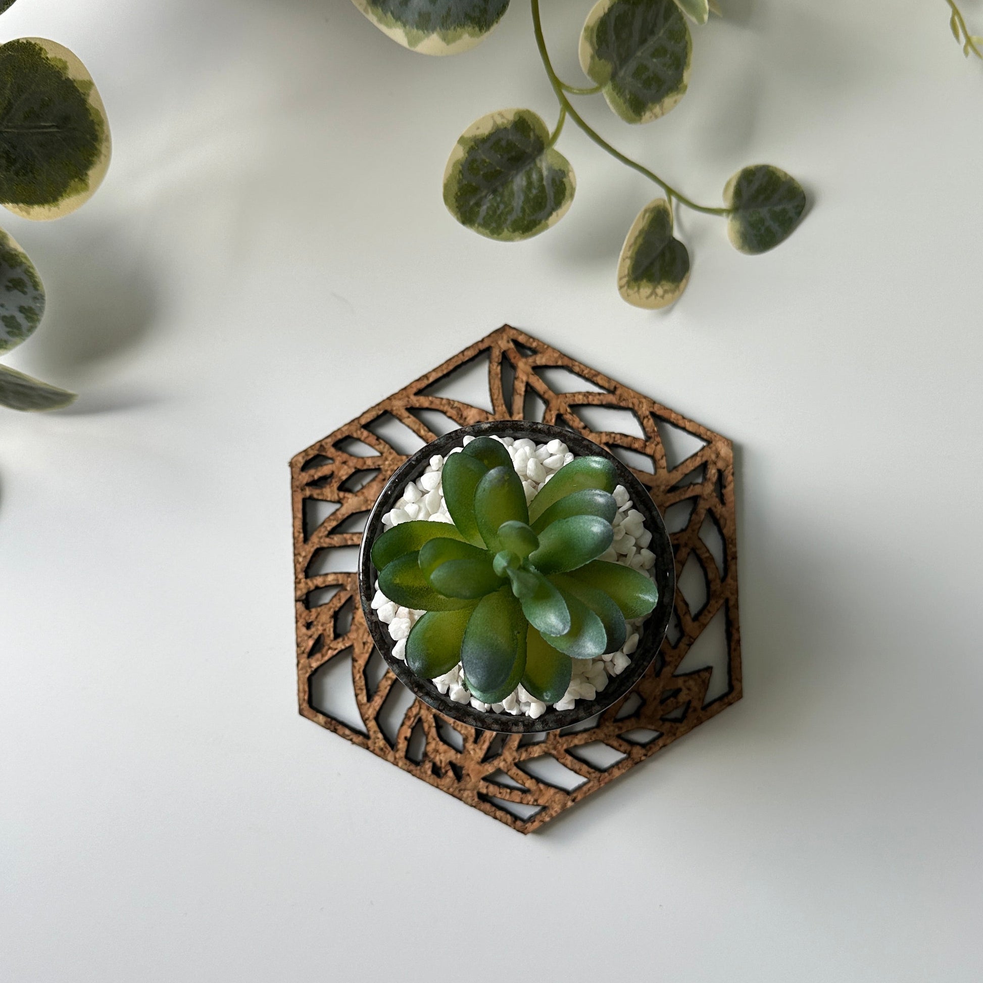 A plant on a decorative trivet with a leave design on a white background