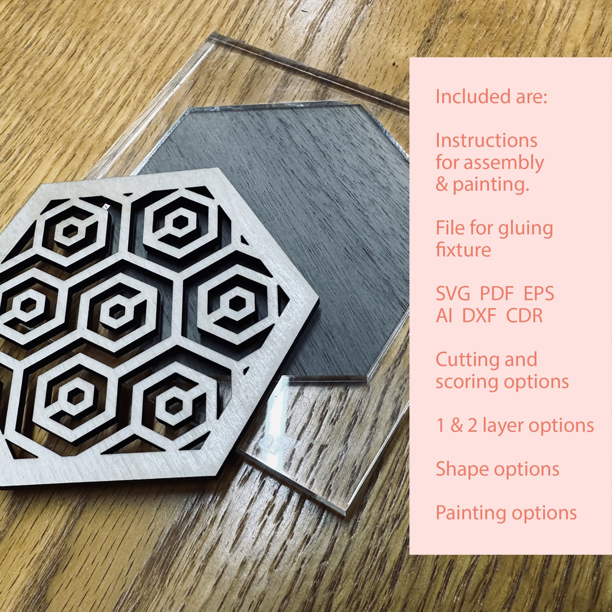 Hexagonal wooden cutout with geometric pattern on a wooden surface, accompanied by text about included resources.