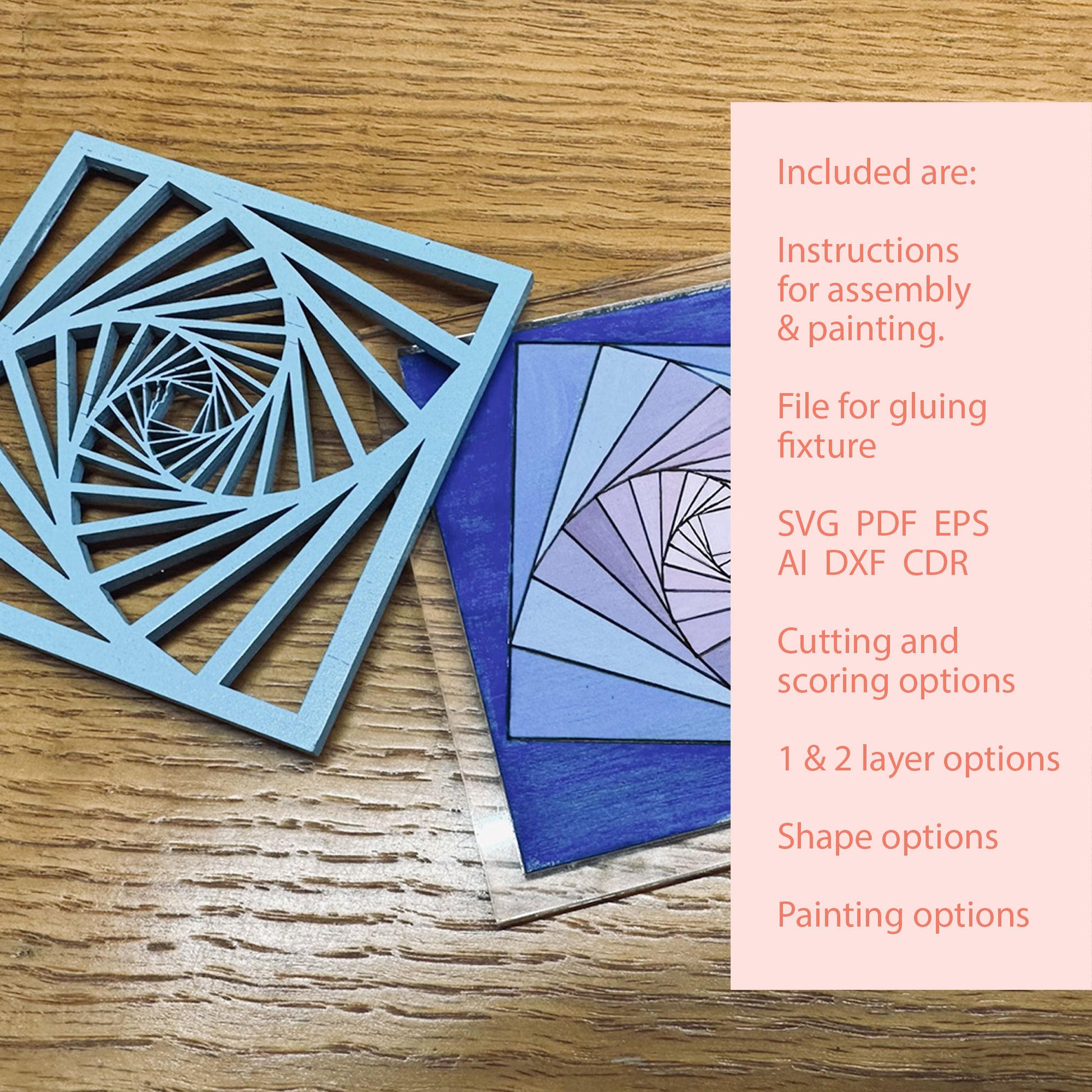 Wooden cutout with geometric design on a wooden surface, accompanied by a colorful card with text.