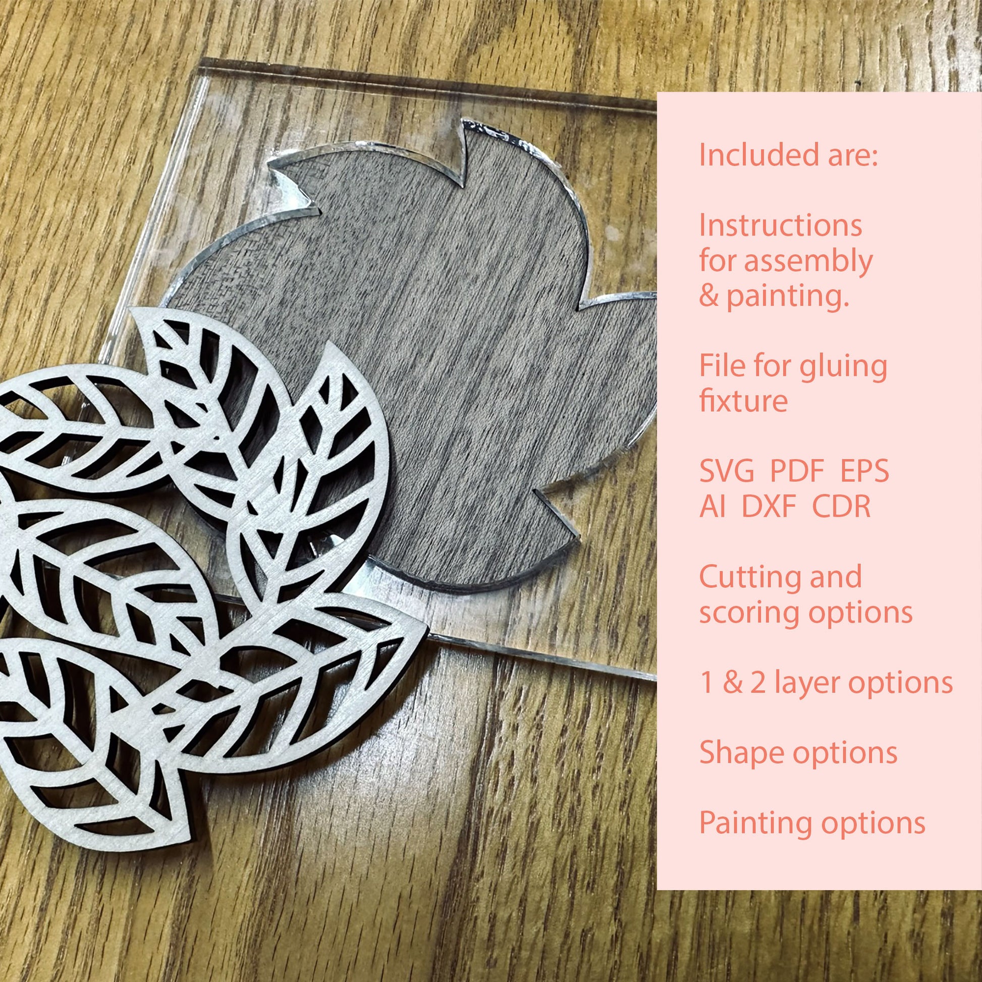 Wooden coaster with assembly and painting instructions on a wooden surface