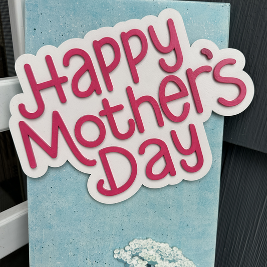 Sign with 'Happy Mother's Day' text and floral design on a blue background