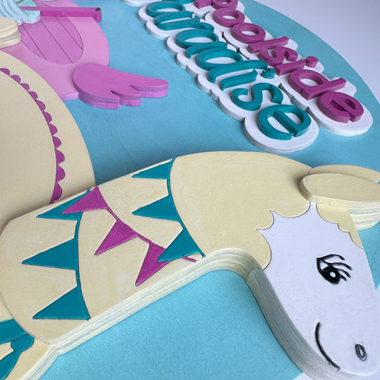 Unicorn-themed birthday cake with colorful decorations on a blue background